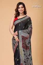 Metal black tulip motif kantha silk saree reverse stitch elegant black saree floral striped 2