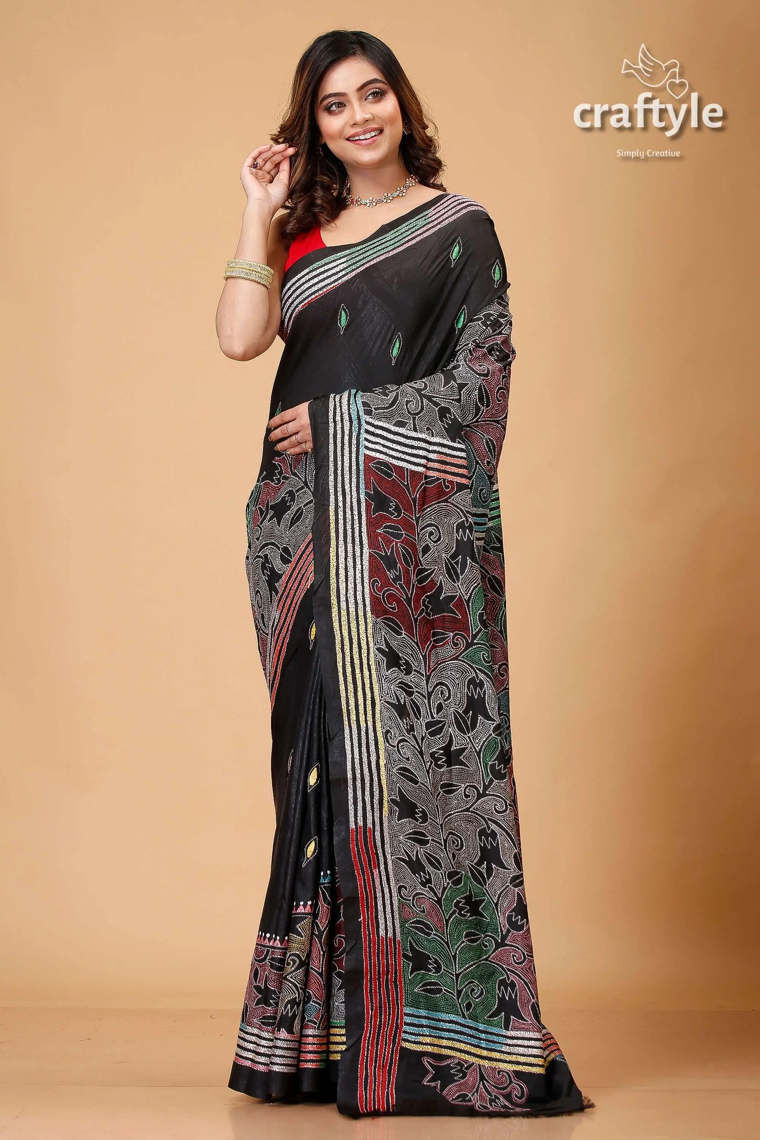 Metal black tulip motif kantha silk saree reverse stitch black saree colorful floral striped 1