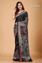 Metal black tulip motif kantha silk saree reverse stitch black saree colorful floral striped 1