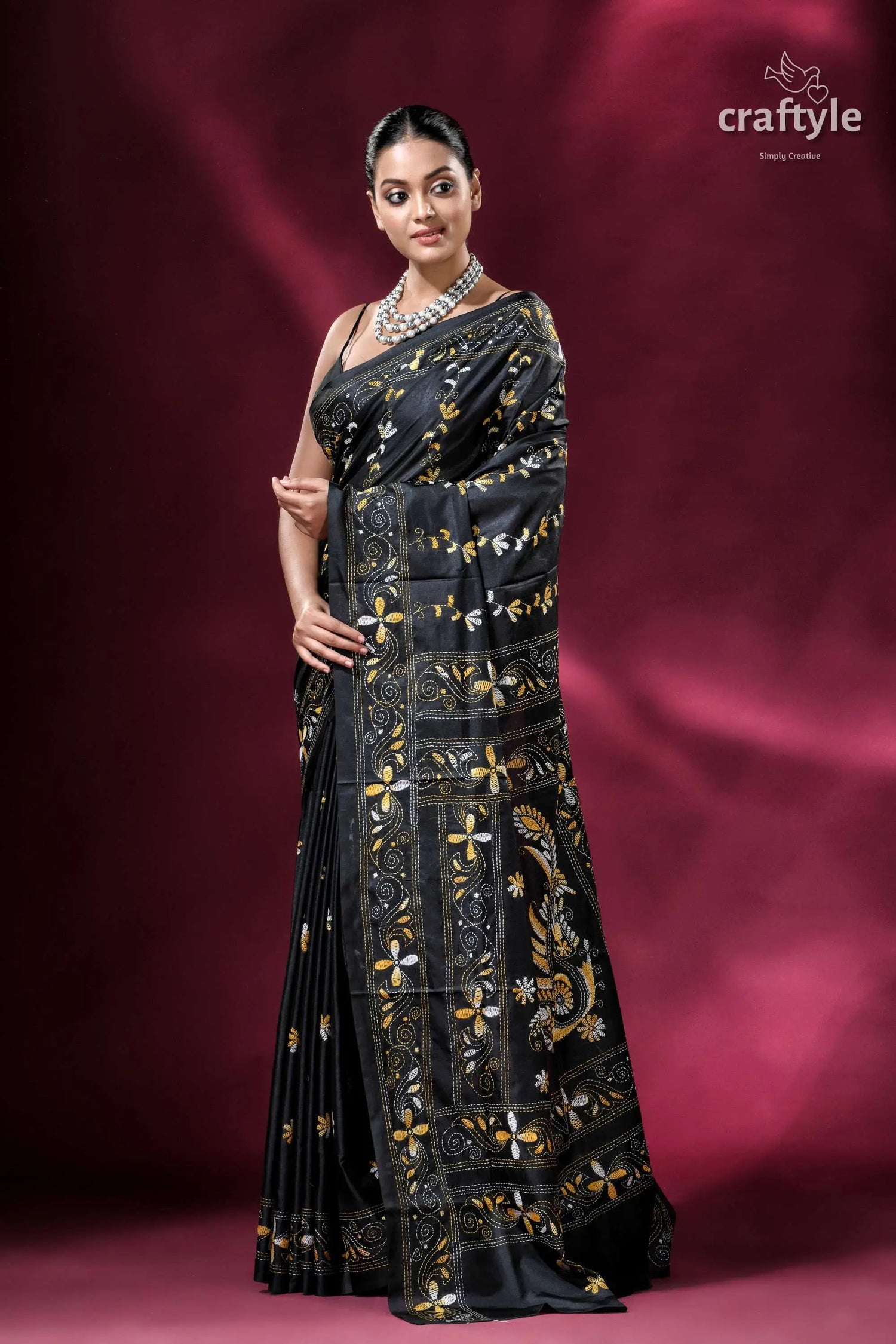 Metal black yellow thread silk kantha stitch saree elegant black saree floral embroidery 3