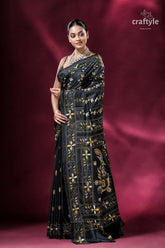 Metal black yellow thread silk kantha stitch saree elegant black saree floral embroidery 3