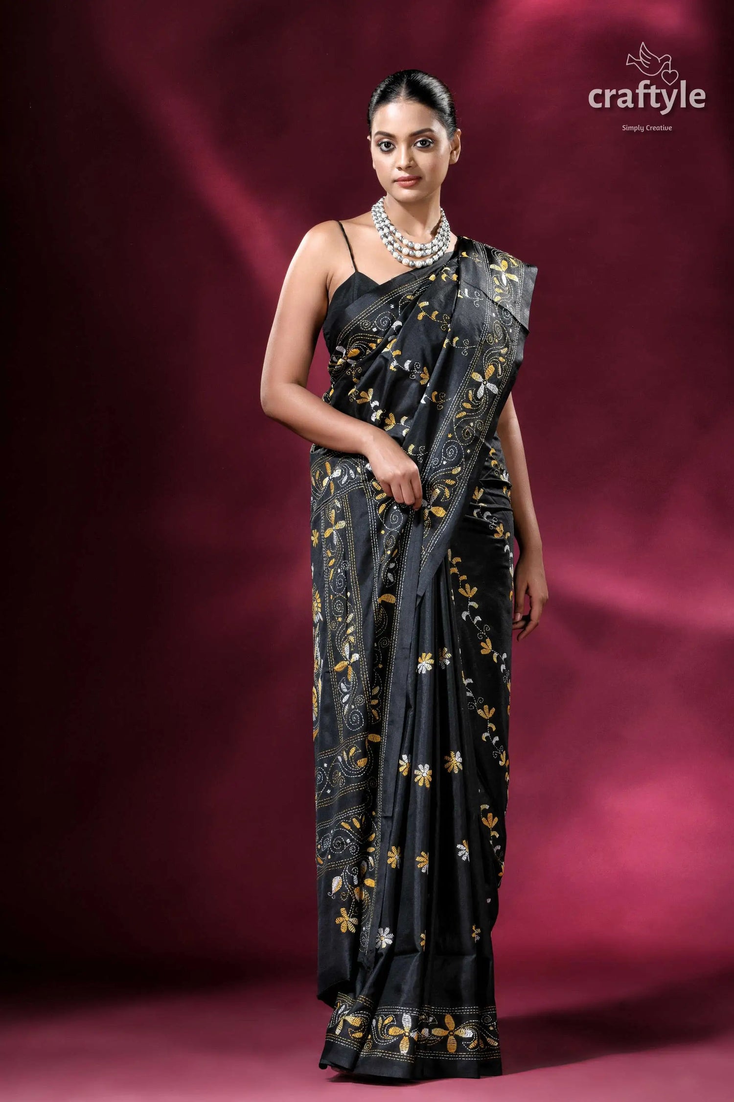 Metal black yellow thread silk kantha stitch saree elegant black saree floral embroidery 5
