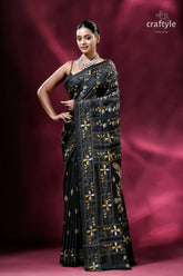 Metal black yellow thread silk kantha stitch saree elegant black saree floral embroidery 1