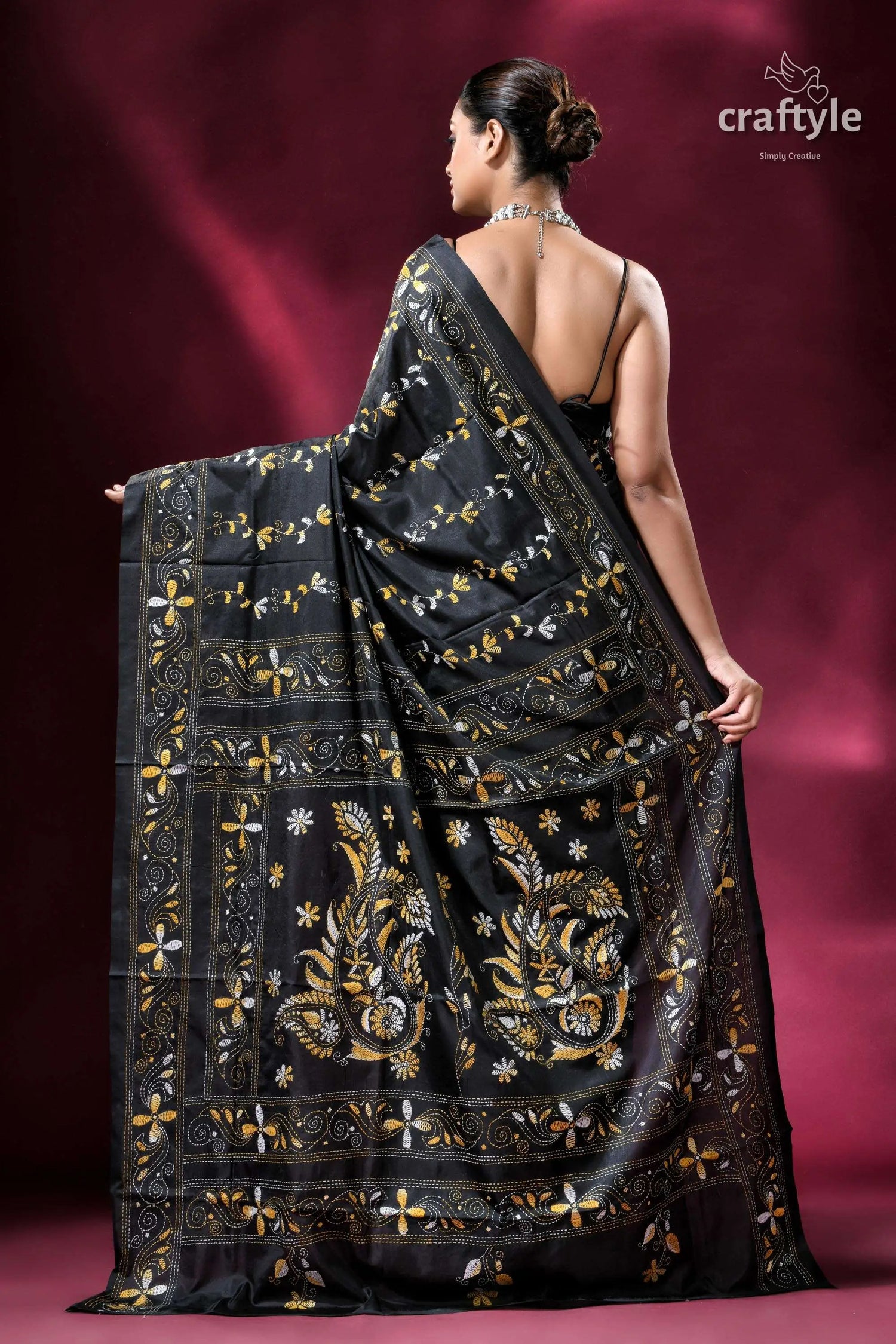 Metal black yellow thread silk kantha stitch saree black saree floral paisley embroidery 4
