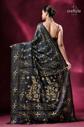 Metal black yellow thread silk kantha stitch saree black saree floral paisley embroidery 4