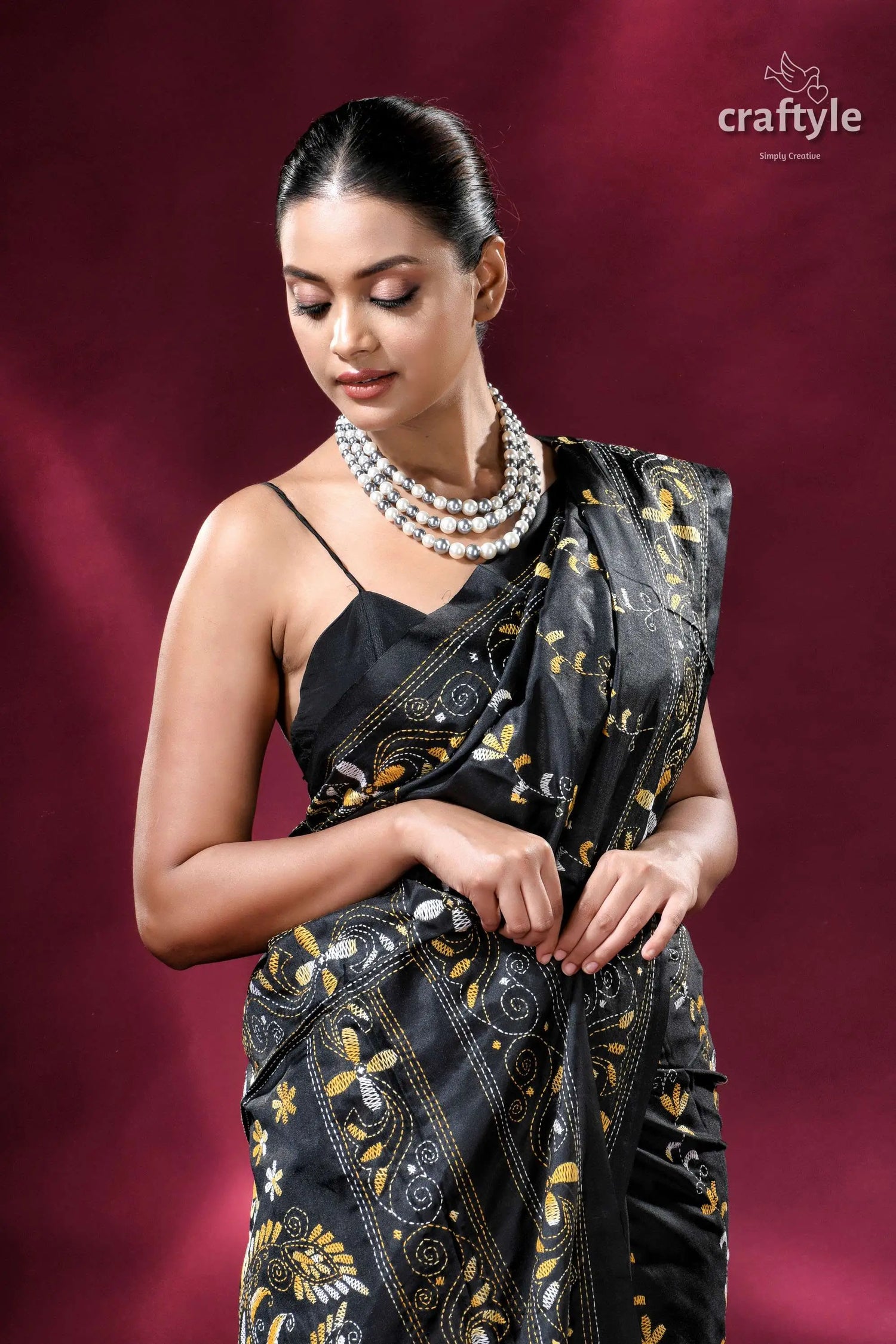 Metal black yellow thread silk kantha stitch saree elegant black saree floral embroidery 2