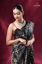 Metal black yellow thread silk kantha stitch saree elegant black saree floral embroidery 2
