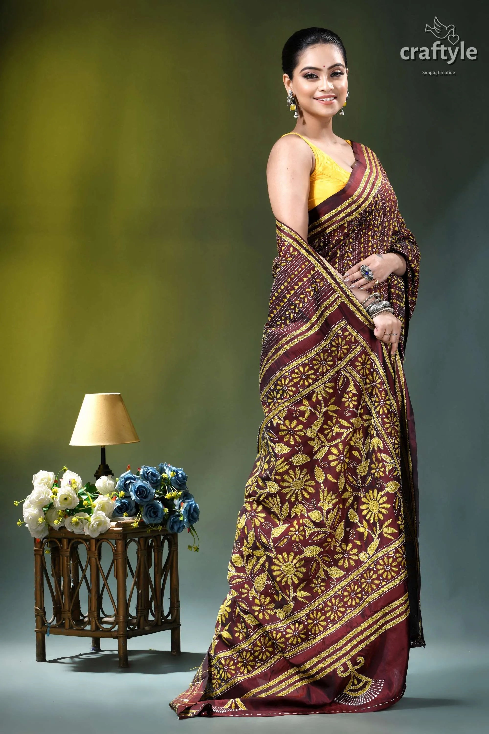 Metallic copper floral motif silk kantha stitch saree maroon gold patterned saree intricate 4