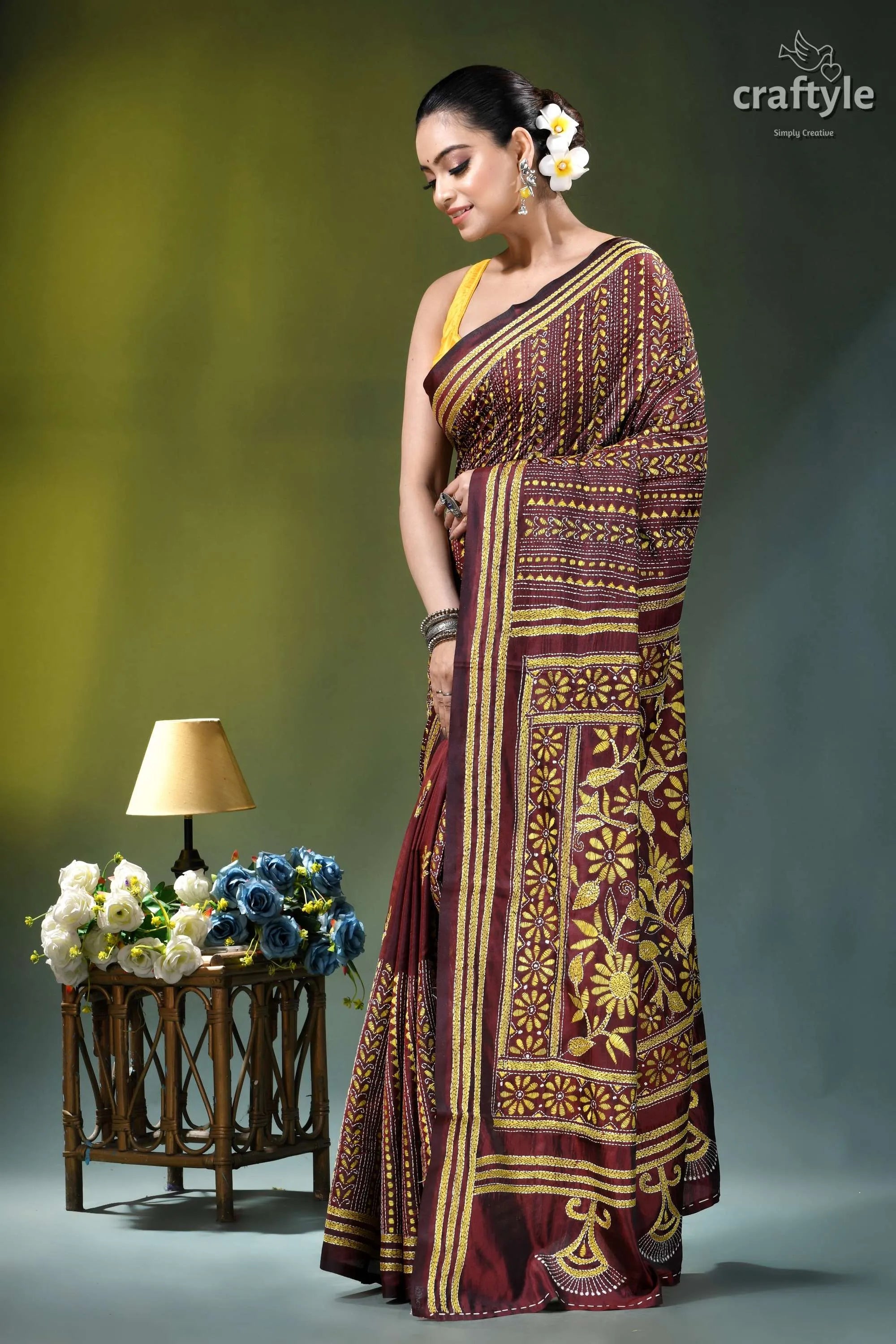 Metallic copper floral motif silk kantha stitch saree maroon gold patterned saree intricate 3