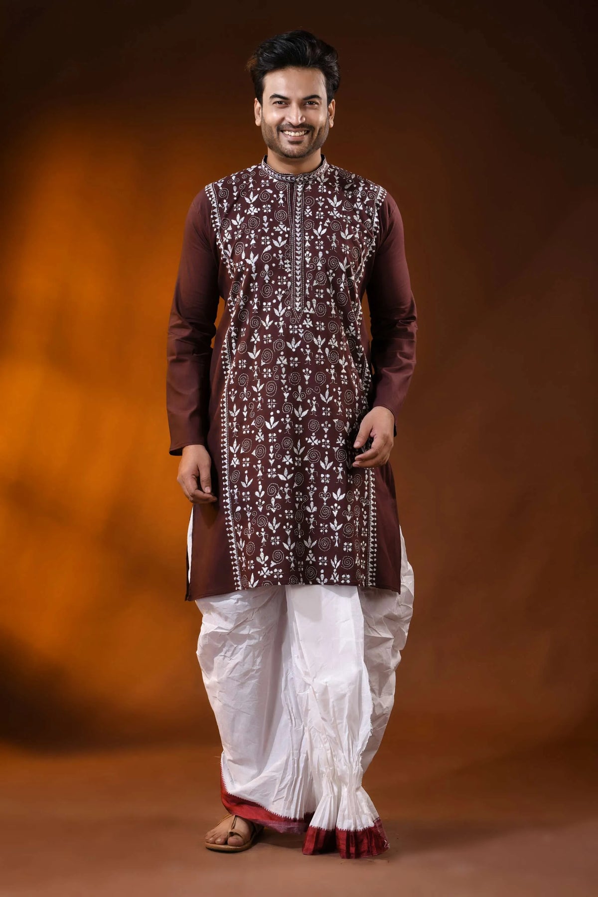 Metallic copper hand embroidered cotton kantha punjabi for men - warli design 1
