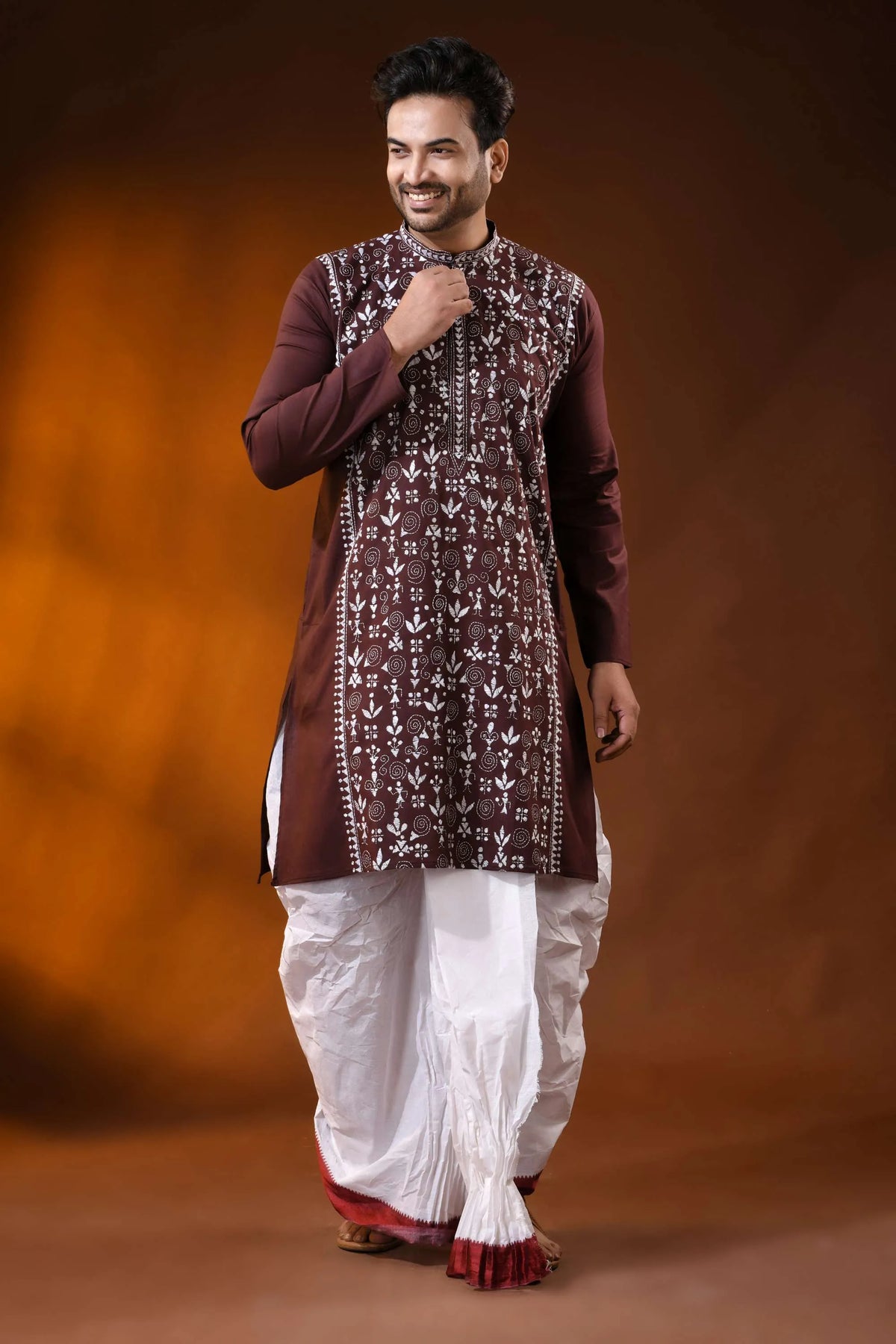 Metallic copper hand embroidered cotton kantha punjabi for men - warli design 6