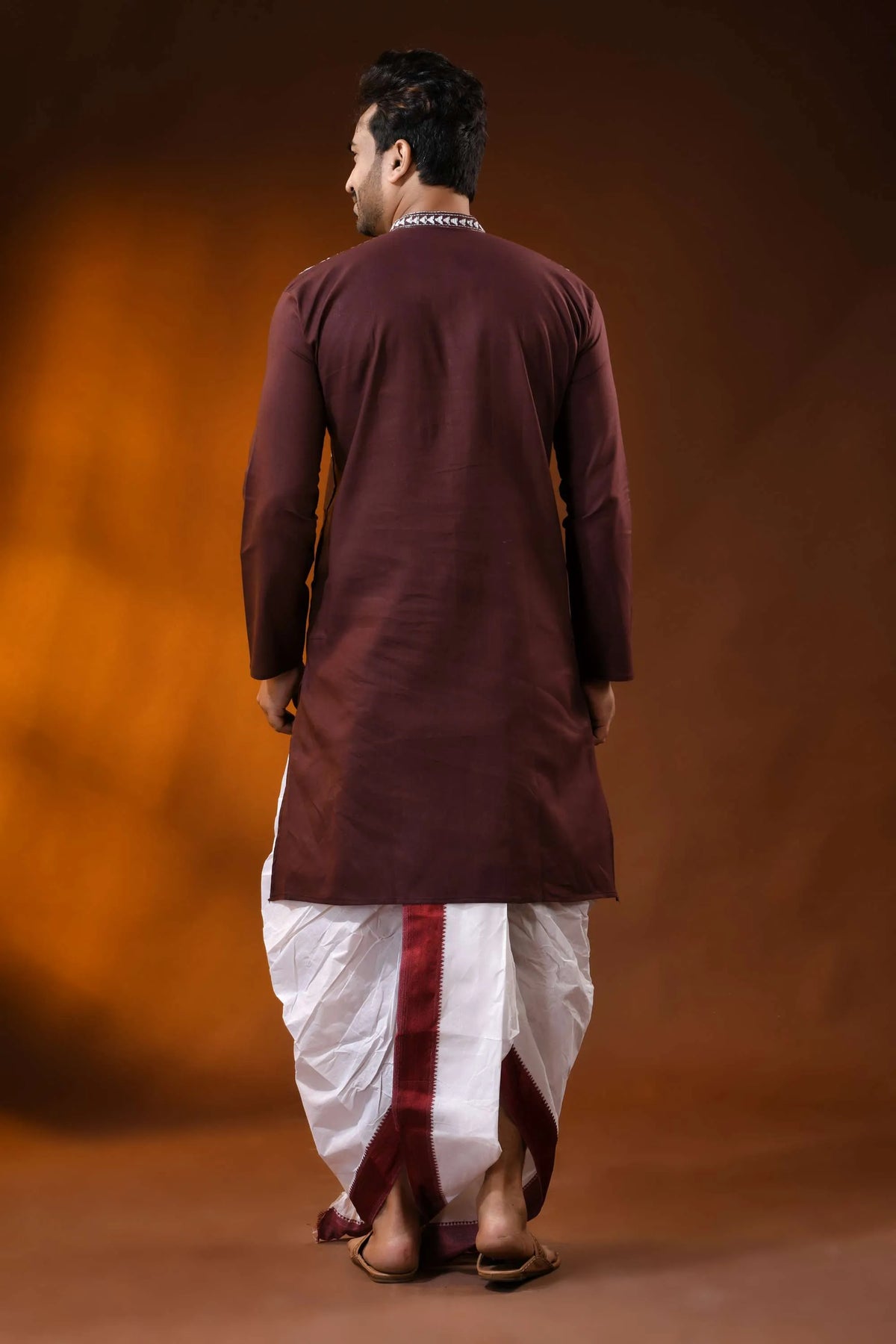 Metallic copper hand embroidered cotton kantha punjabi for men - warli design 5