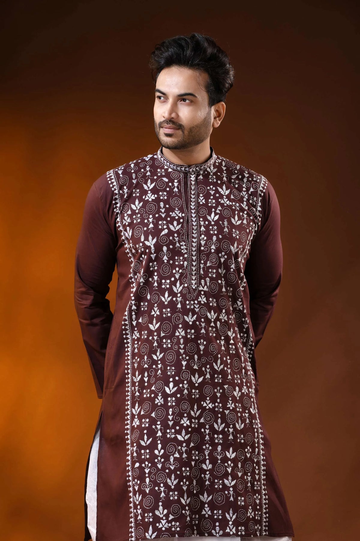 Metallic copper hand embroidered cotton kantha punjabi for men - warli design 2