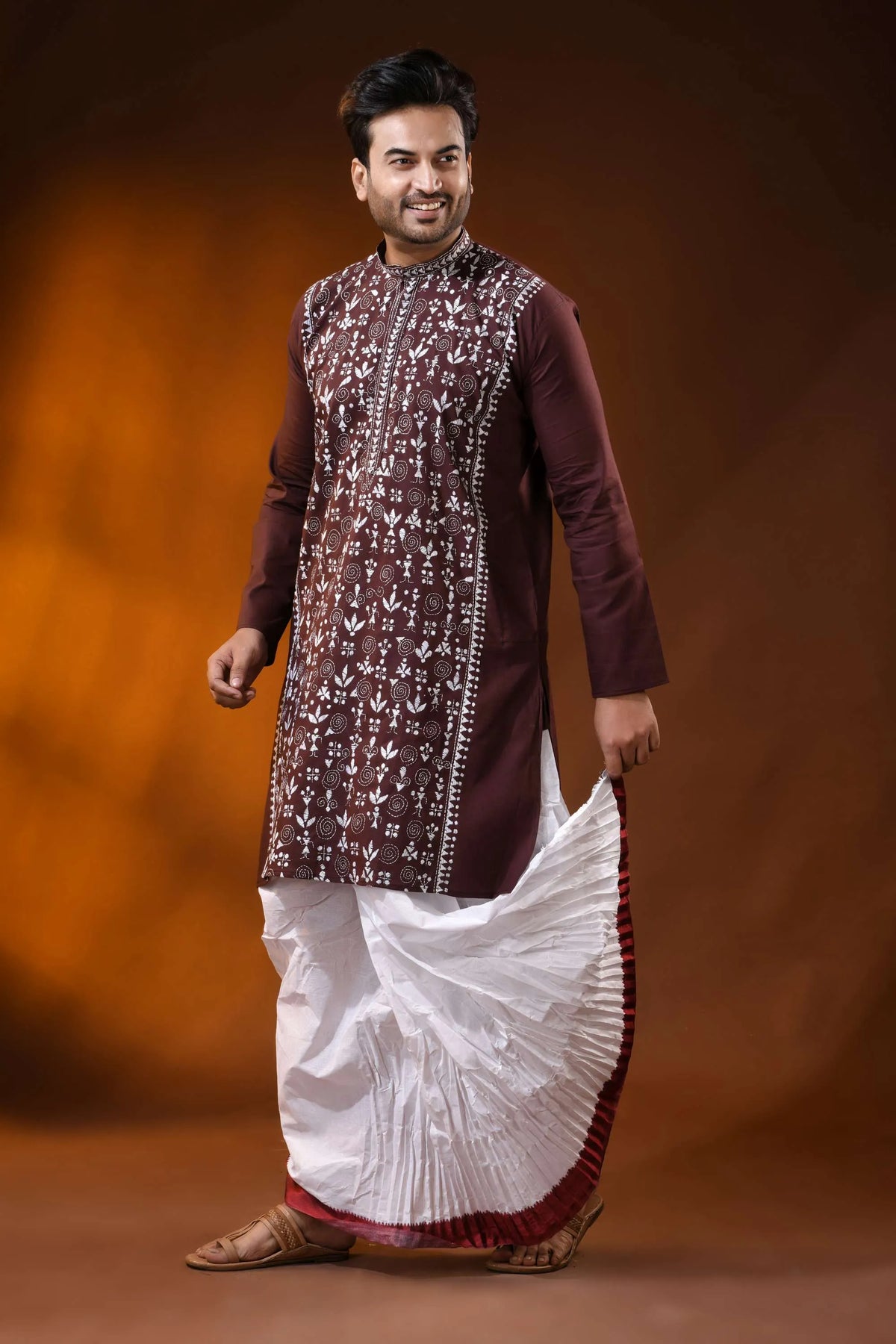 Metallic copper hand embroidered cotton kantha punjabi for men - warli design 3