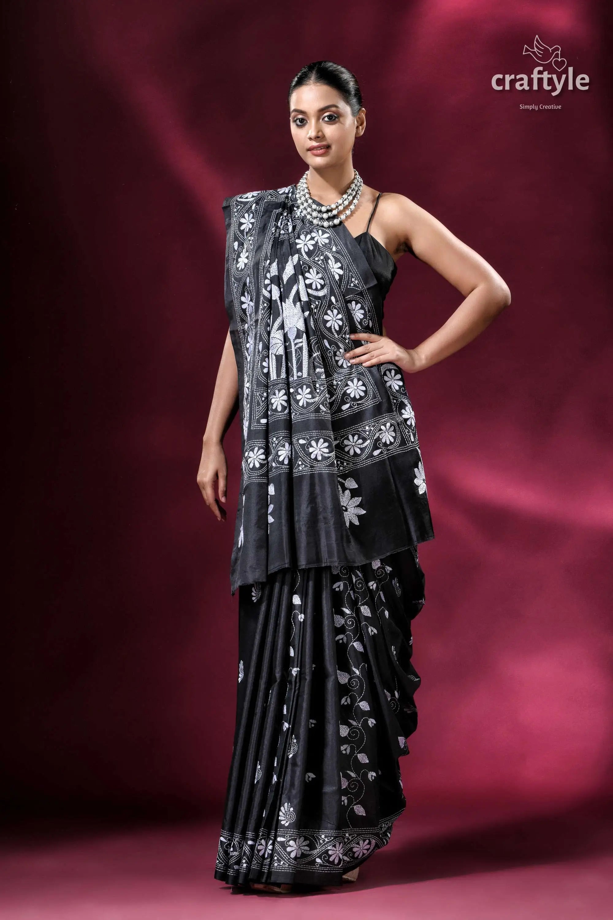 Midnight black and white exclusive silk kantha saree black white floral saree 5