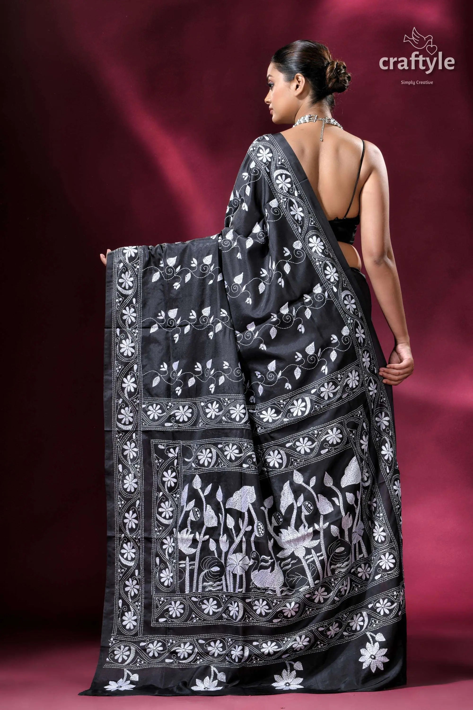 Midnight black and white exclusive silk kantha saree black saree white floral nature inspired 4