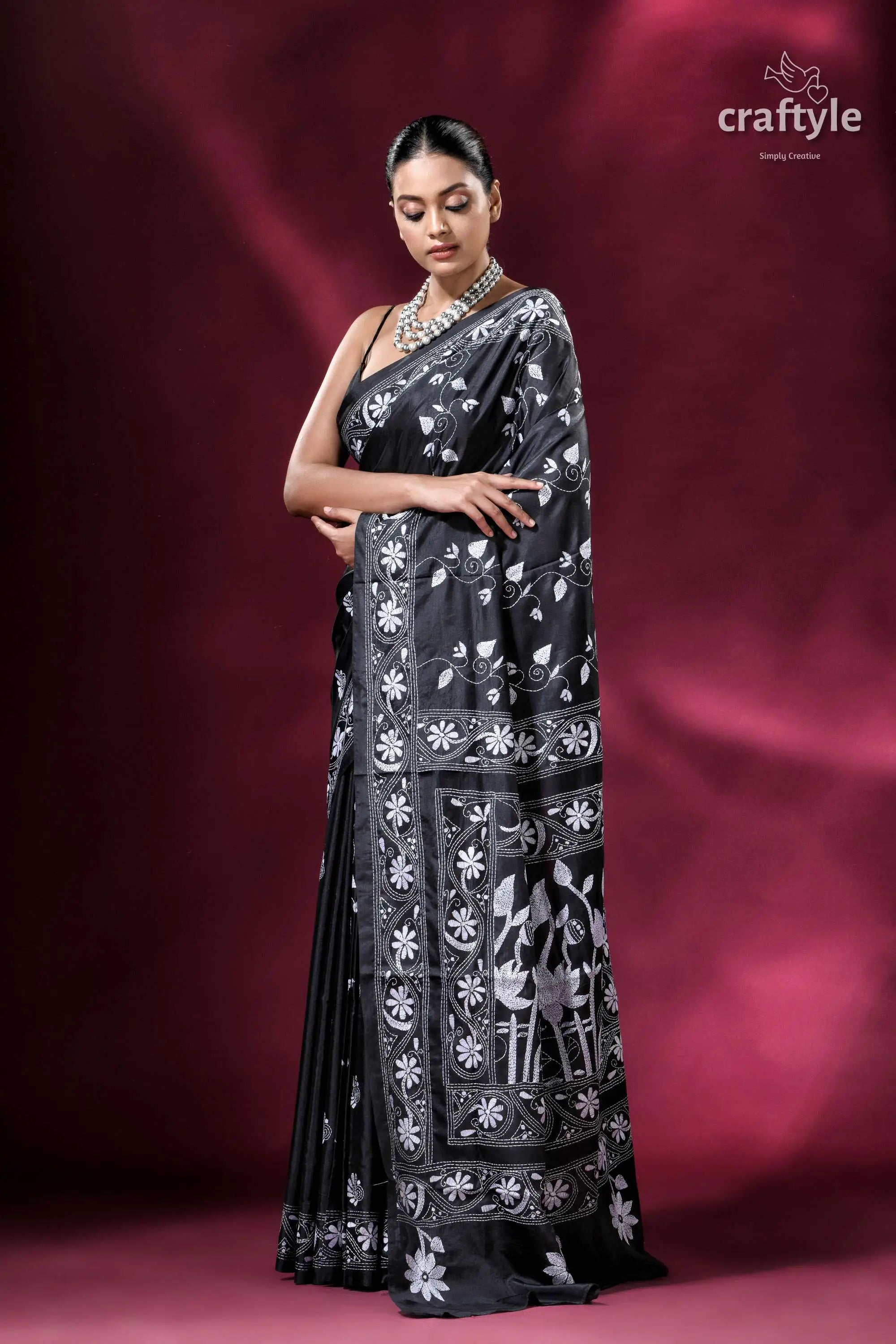 Midnight black and white exclusive silk kantha saree black saree white floral embroidery 3