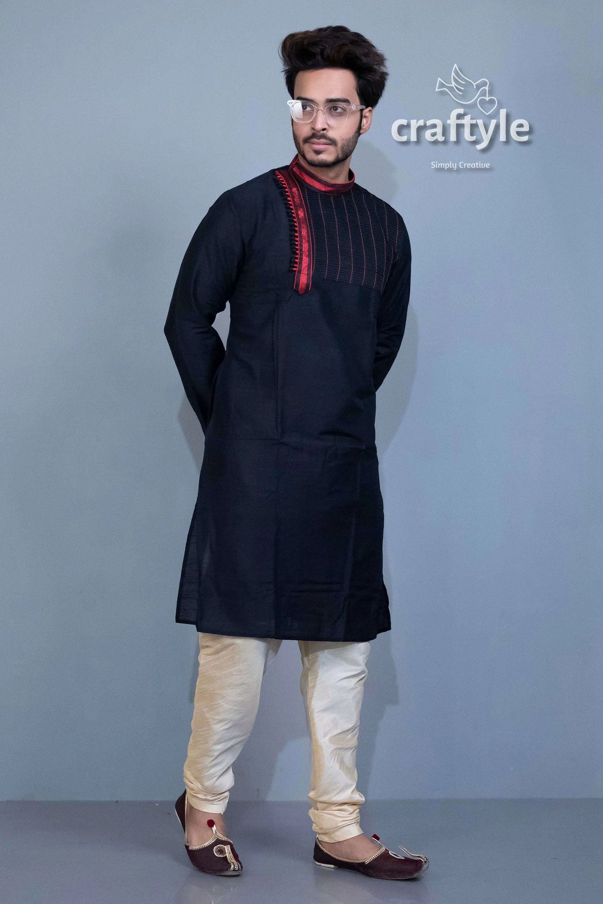 Midnight black ethnic kurta - embroidered mens party wear man cream pants 4