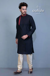 Midnight black ethnic kurta embroidered mens party wear man black kurta pajama 3