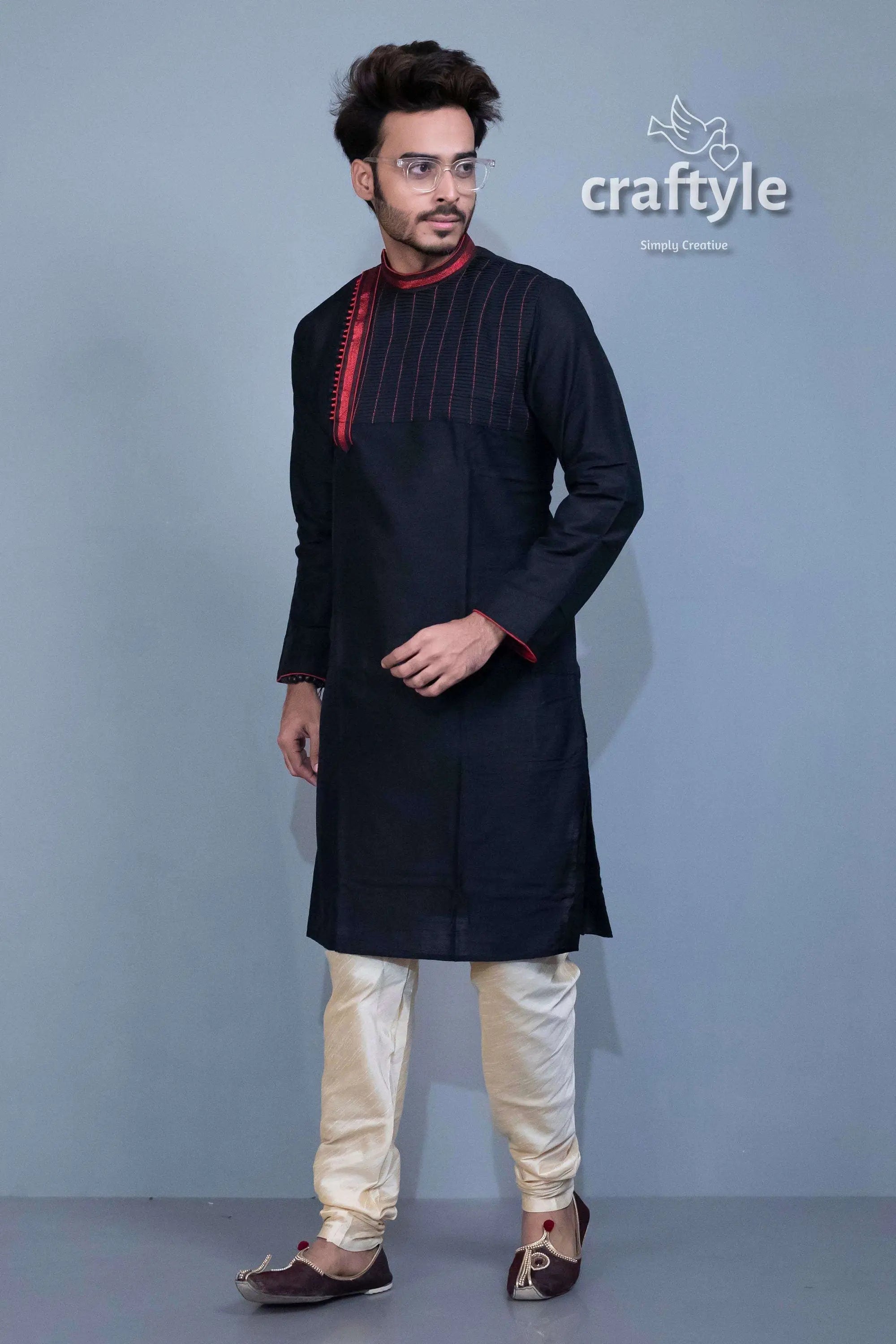 Midnight black ethnic kurta - embroidered mens party wear man black kurta pajama 3