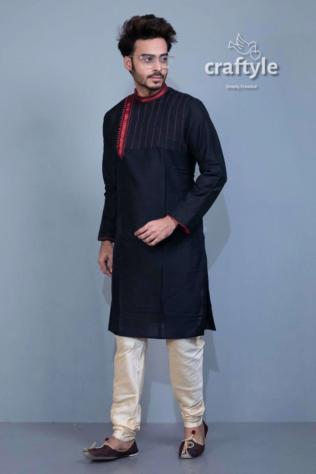 Midnight black ethnic kurta - embroidered mens party wear man pajama 3