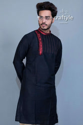Midnight black ethnic kurta embroidered mens party wear dark blue kurta red accents 2