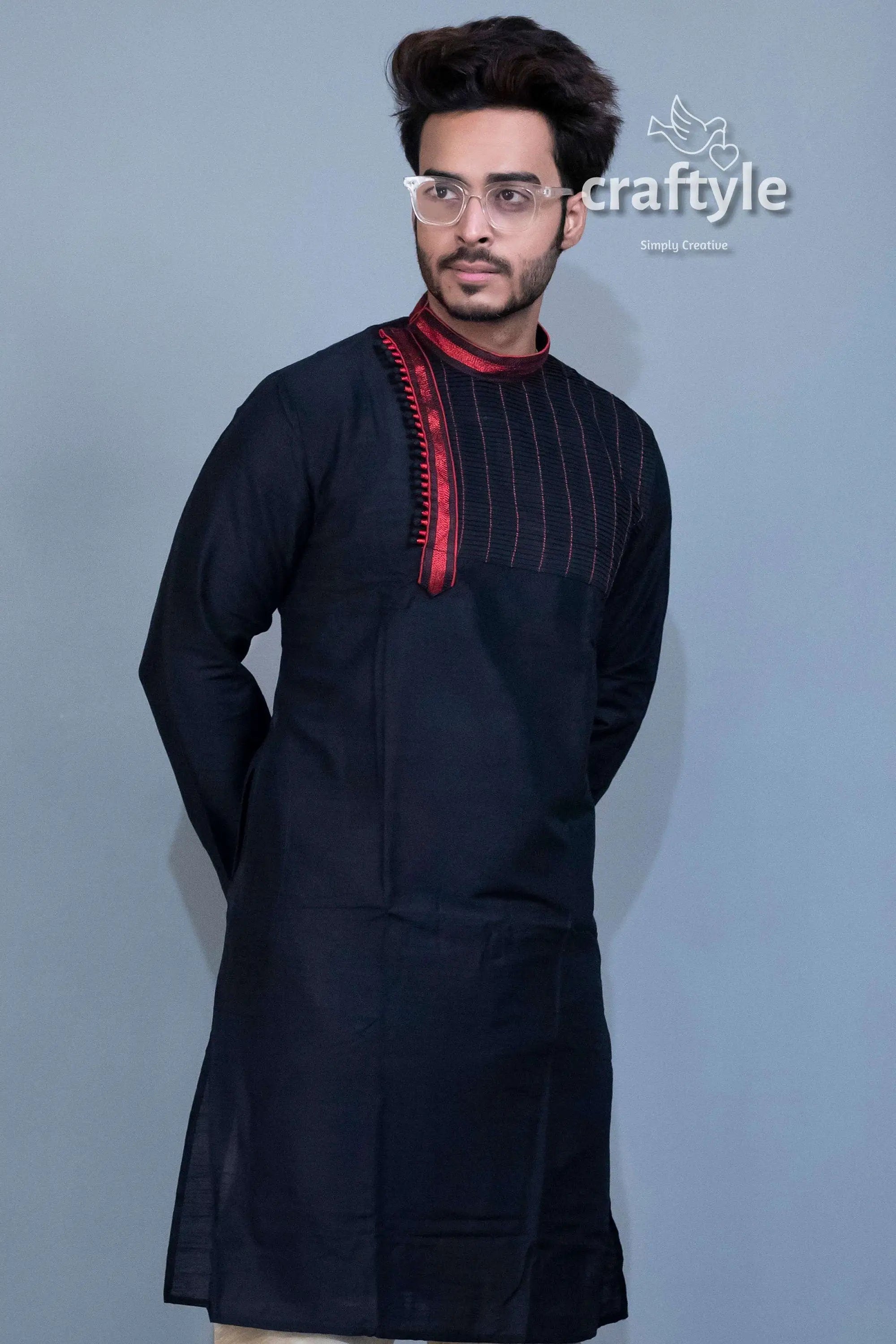Midnight black ethnic kurta - embroidered mens party wear dark blue kurta red accents 2