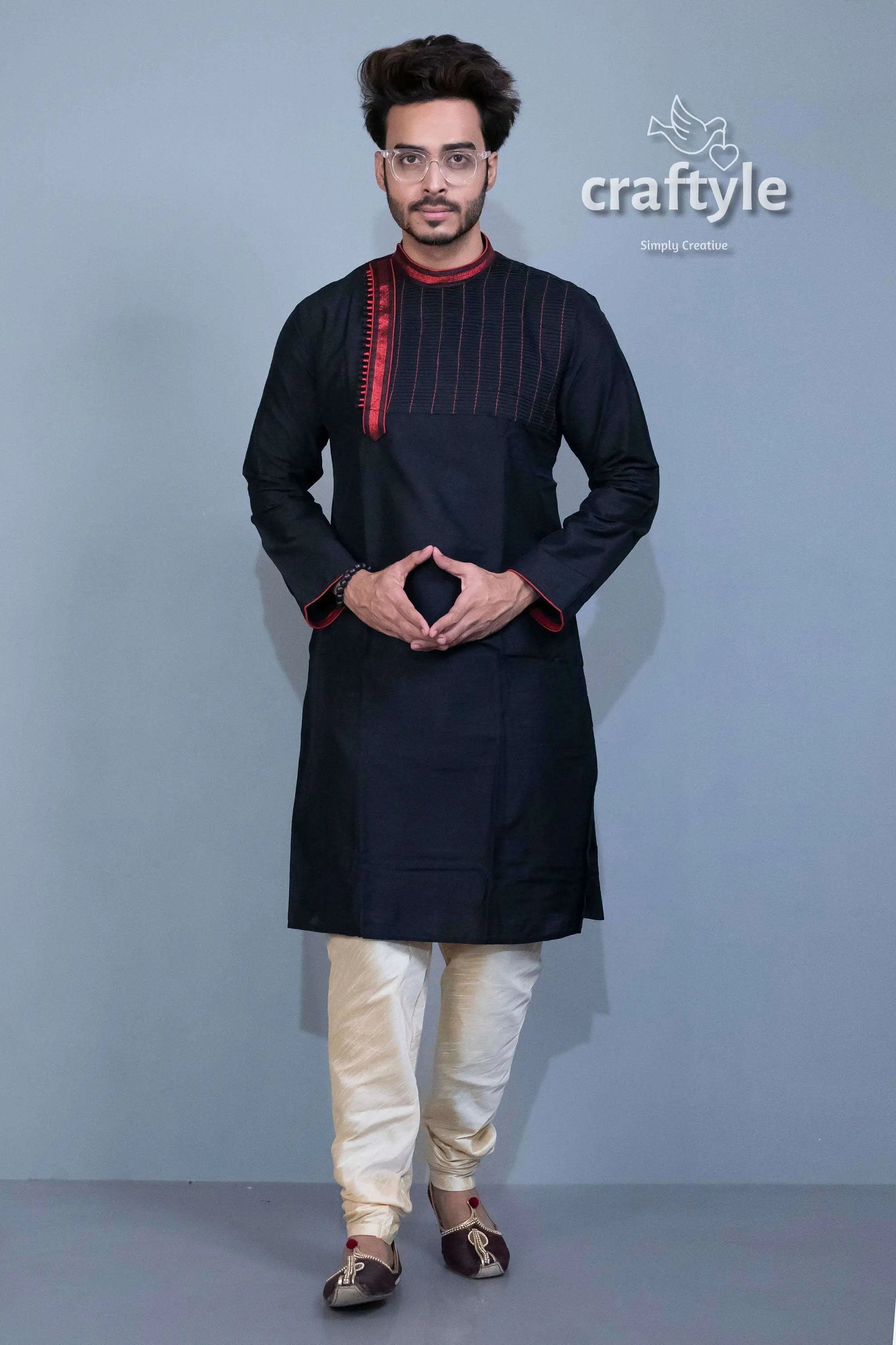 Midnight black ethnic kurta - embroidered mens party wear man black kurta pajama 1