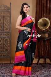 Midnight black hand block design mulberry pure silk saree black saree pink orange borders 5