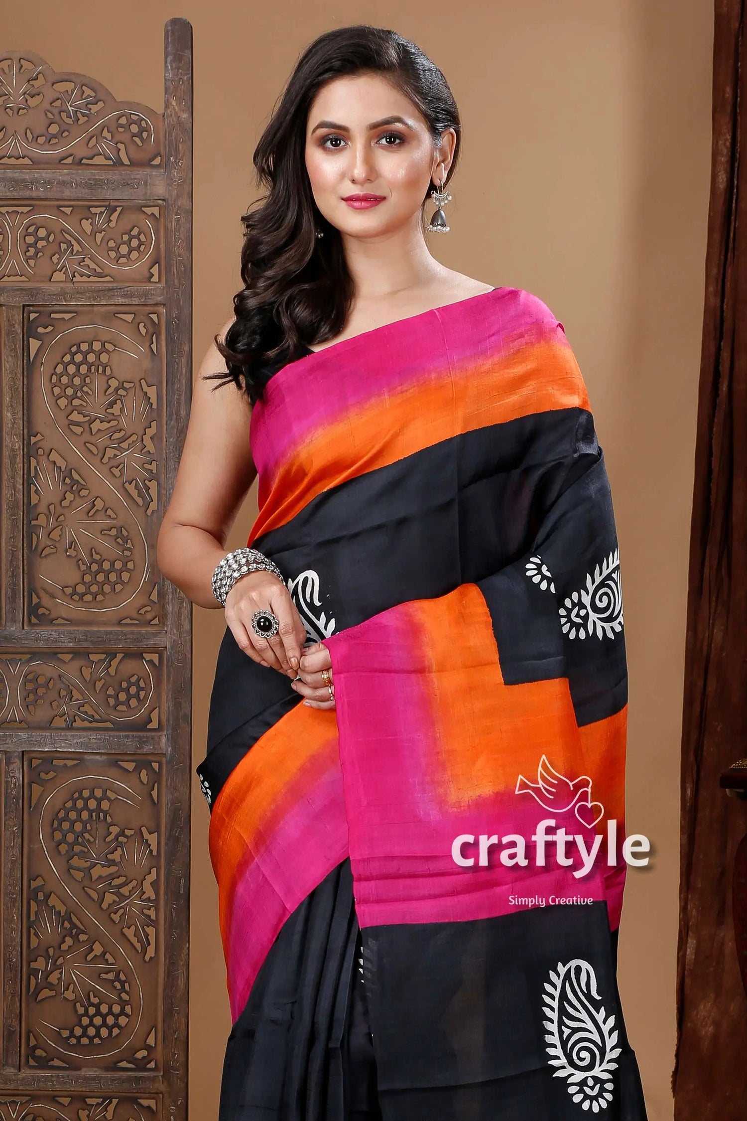 Midnight black hand block design mulberry pure silk saree woman black pink orange saree 2