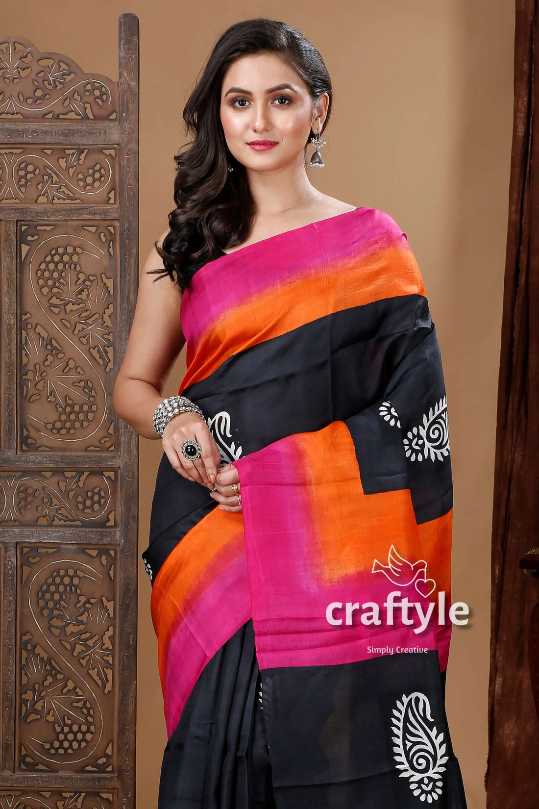 Midnight black hand block design mulberry pure silk saree woman black pink orange saree 2