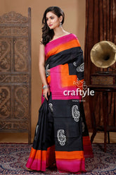 Midnight black hand block design mulberry pure silk saree black pink orange patterned saree 3
