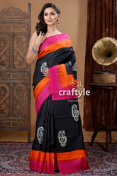 Midnight black hand block design mulberry pure silk saree black saree paisley print colorful 1