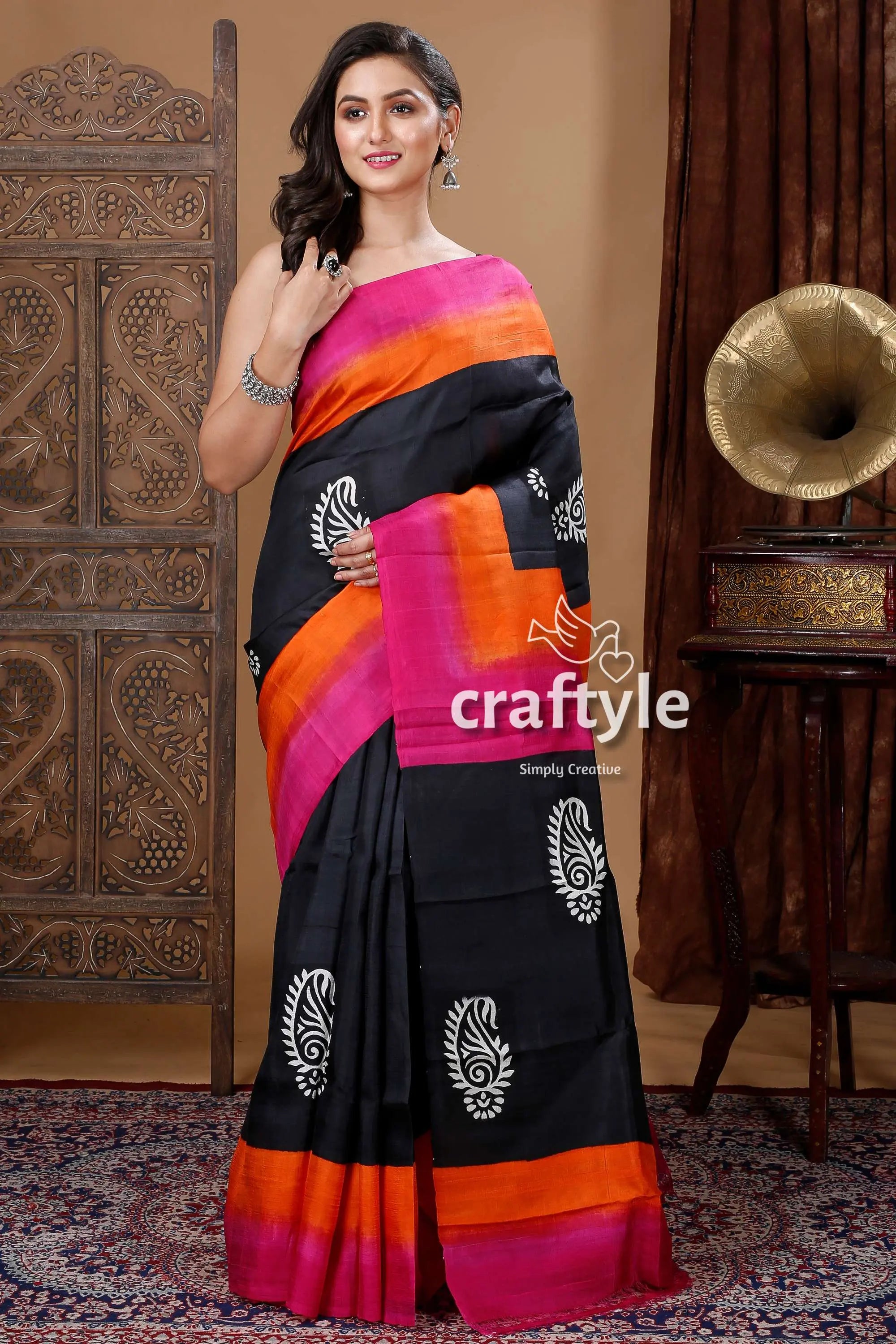 Midnight black hand block design mulberry pure silk saree black saree paisley print colorful 1