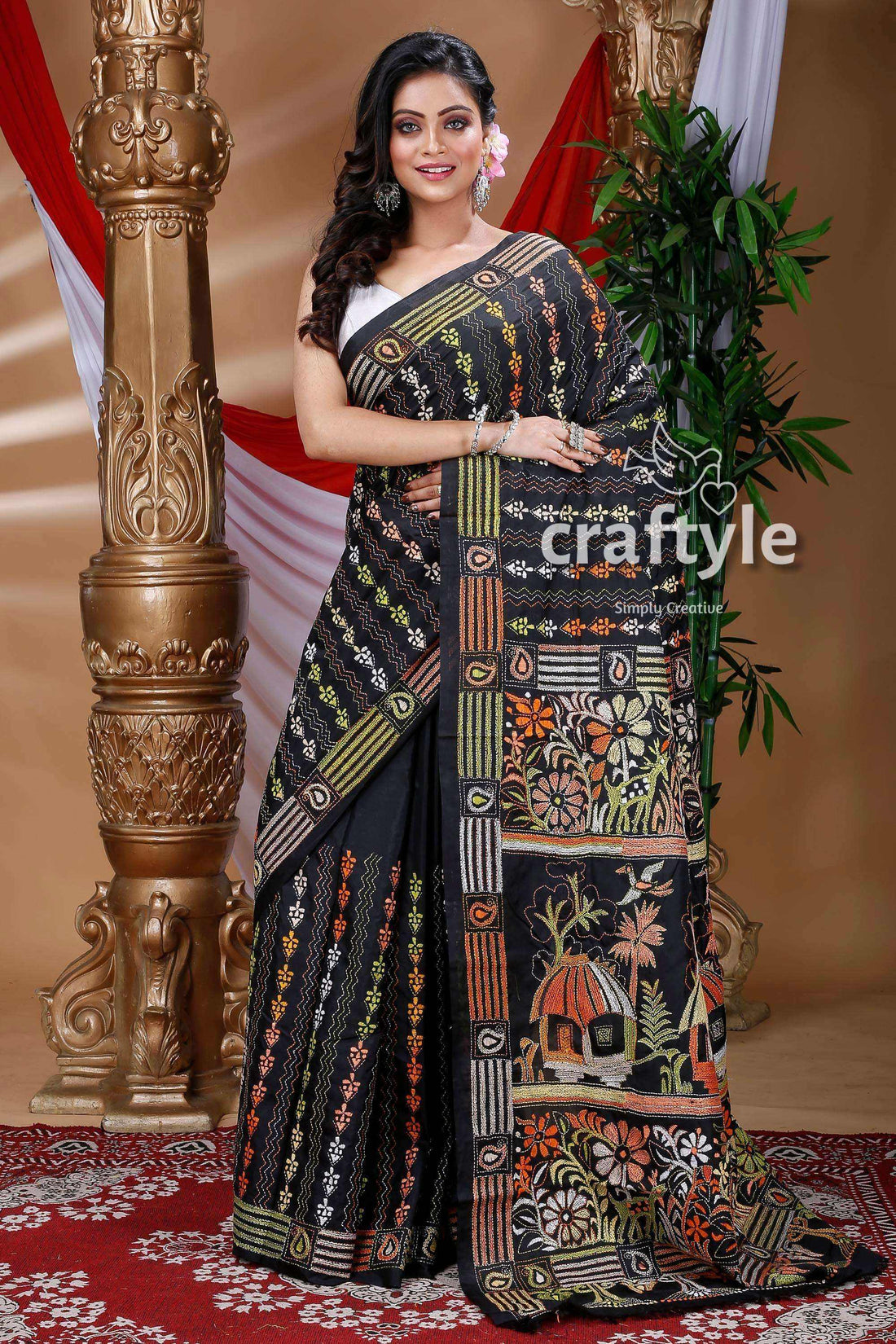 Midnight Black Kantha Embroidery Silk Saree-Craftyle