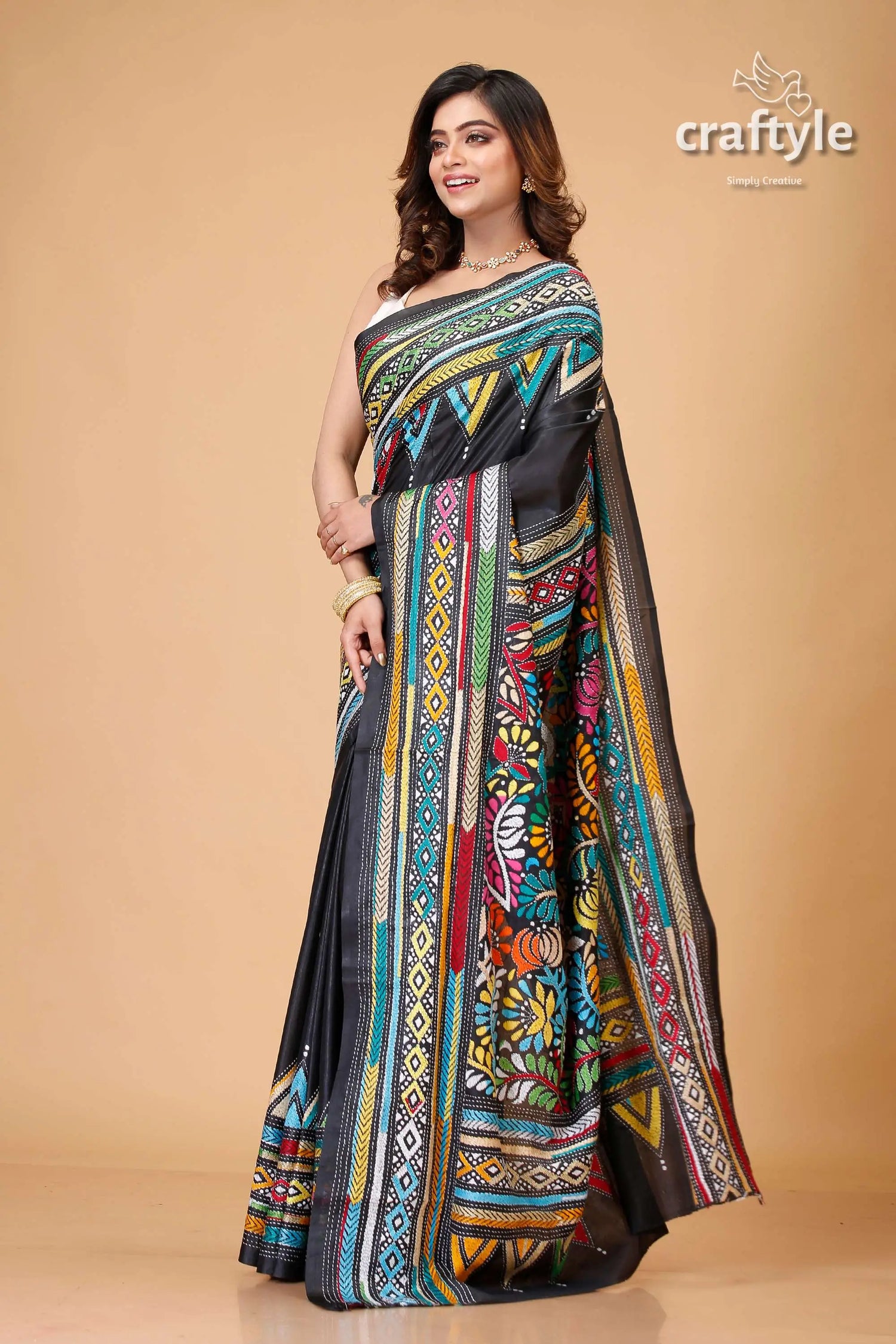 Midnight black multithread silk kantha saree black saree colorful embroidered border 3