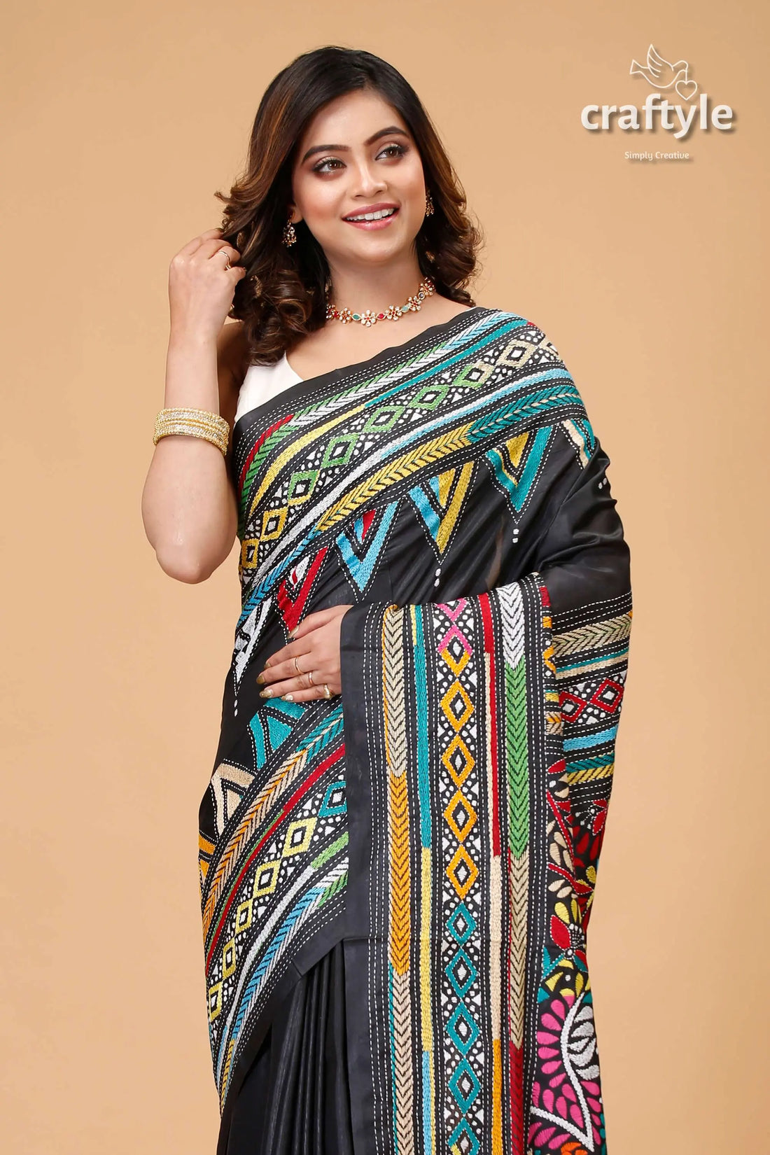 Midnight black multithread silk kantha saree black saree colorful geometric patterns 2