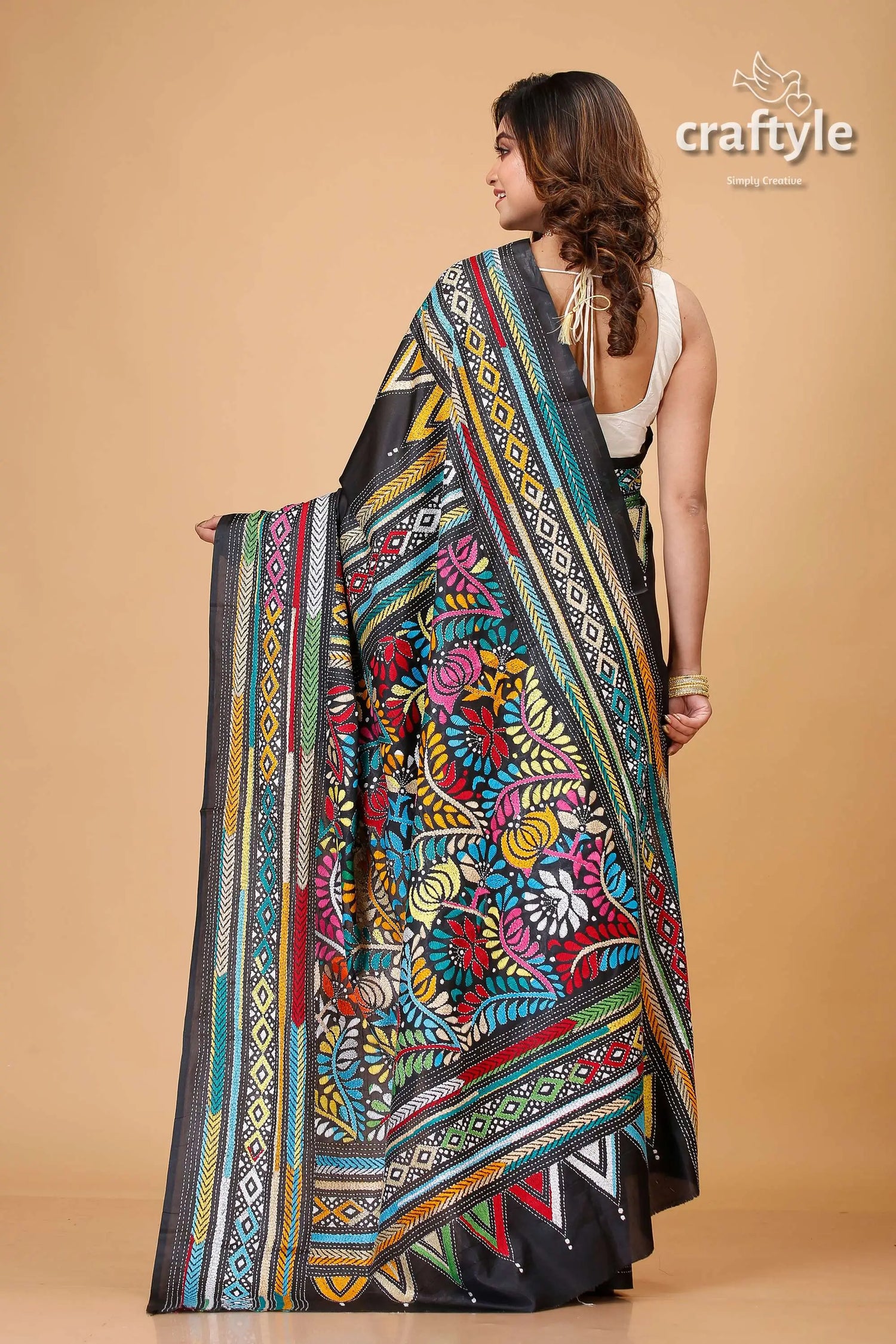 Midnight black multithread silk kantha saree colorful patterned saree 5