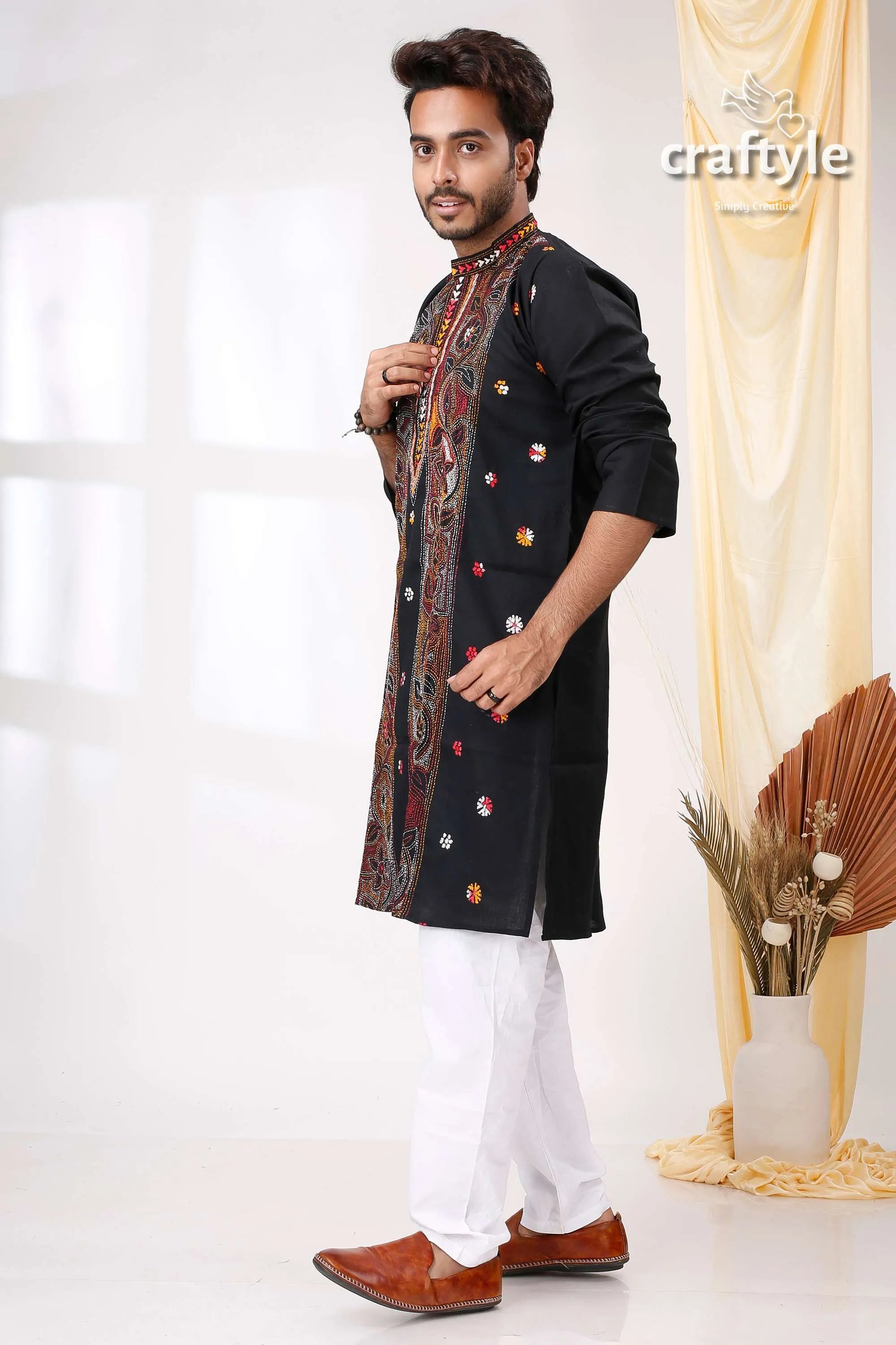 Midnight black multithread work kantha stitch cotton panjabi for men embroidered kurta intricate floral 4