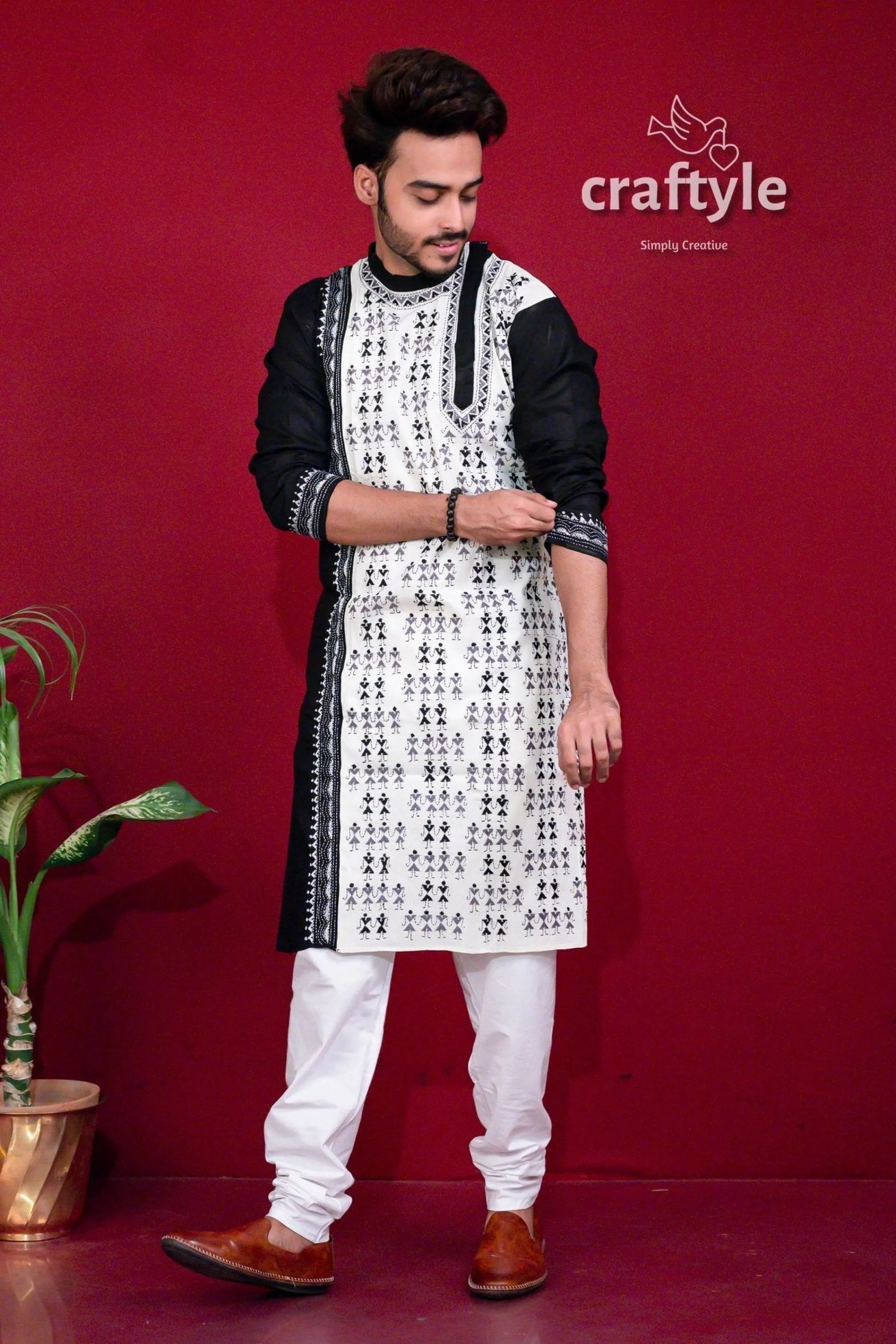 Midnight black & white kantha stitch cotton kurta for men men’s patterned 3