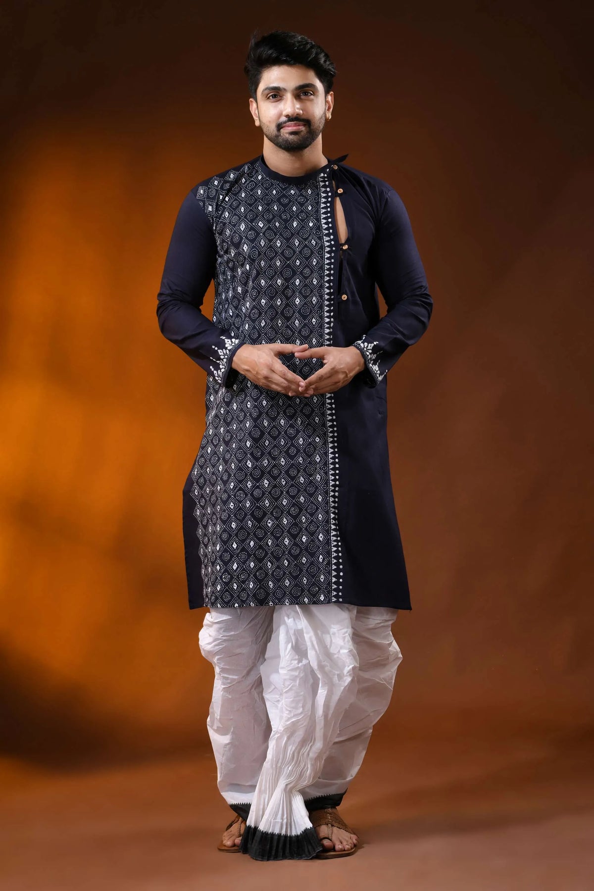 Midnight blue cotton panjabi for men with diamond kantha embroidery design 7