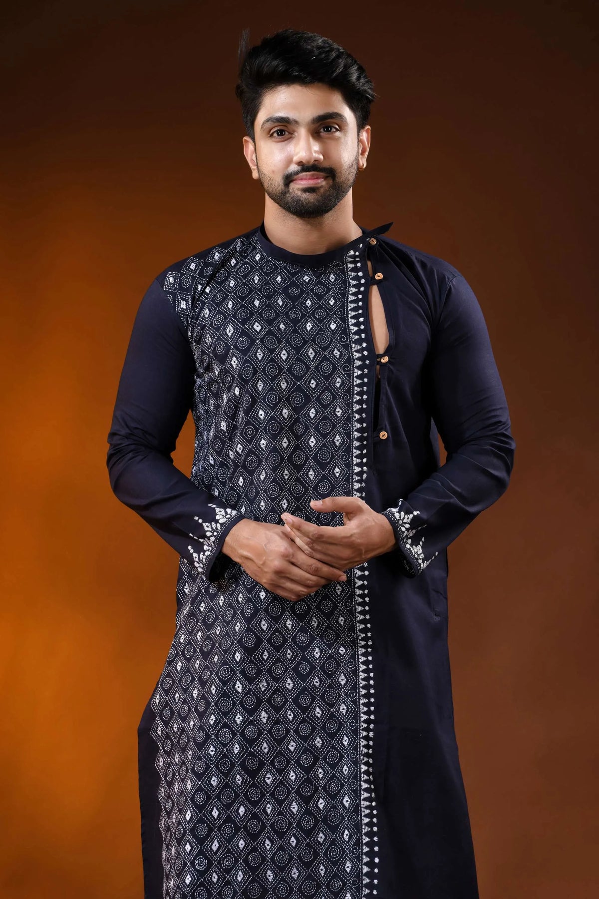 Midnight blue cotton panjabi for men with diamond kantha embroidery design 2