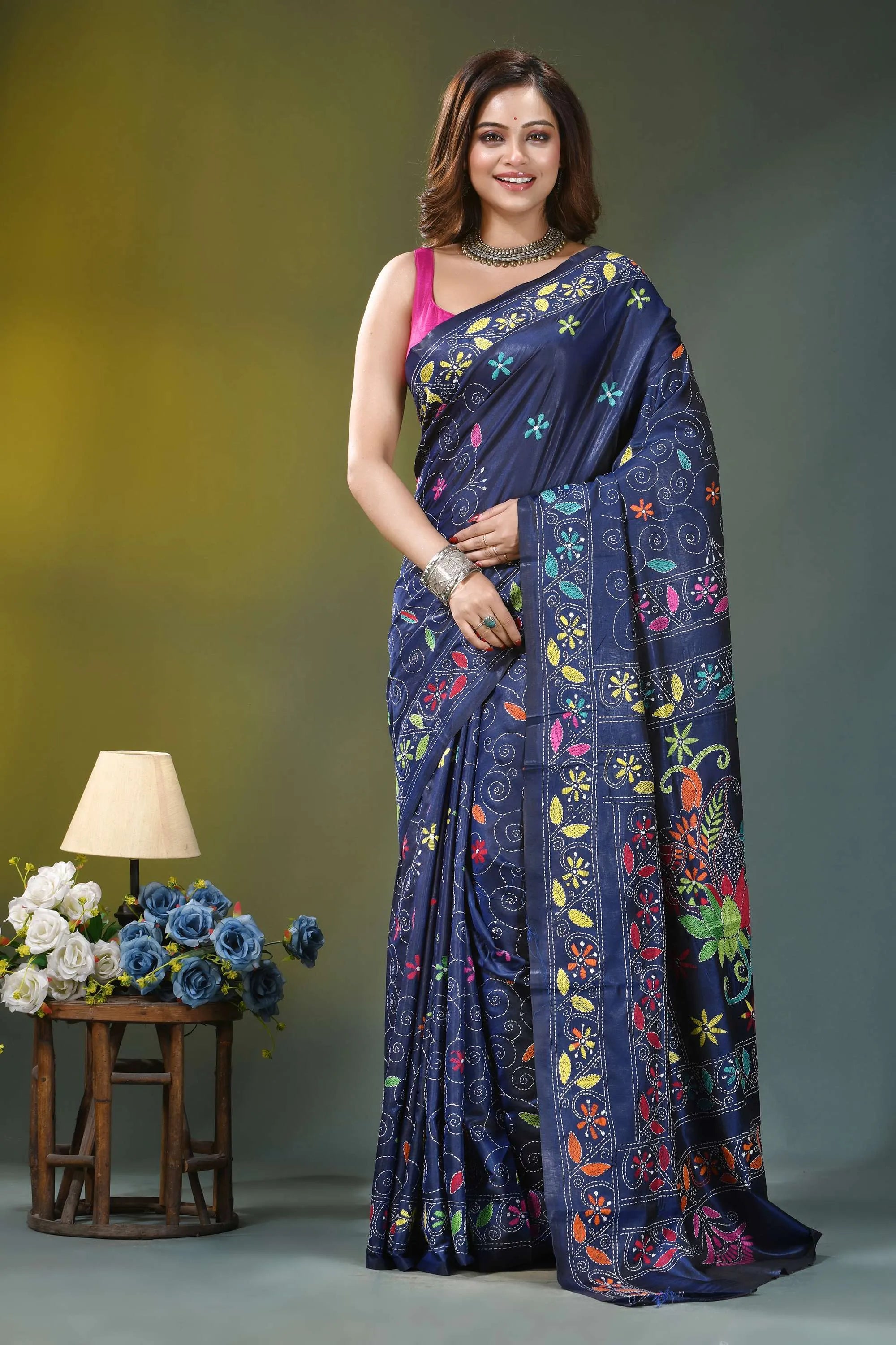 Midnight blue floral design silk kantha saree navy blue saree adorned vibrant 1