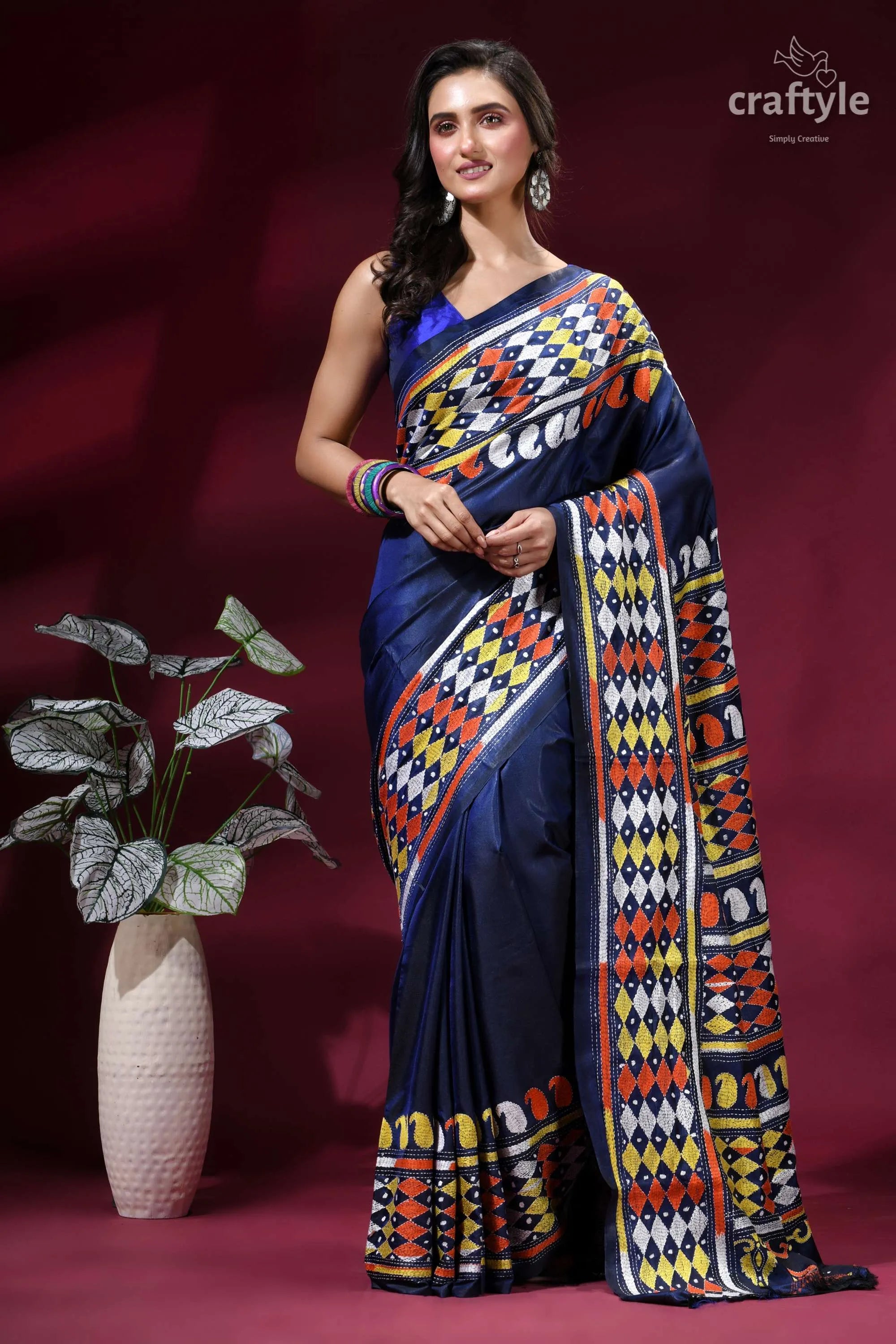 Midnight blue multi-thread hand kantha embroidery silk saree navy blue saree vibrant geometric 6
