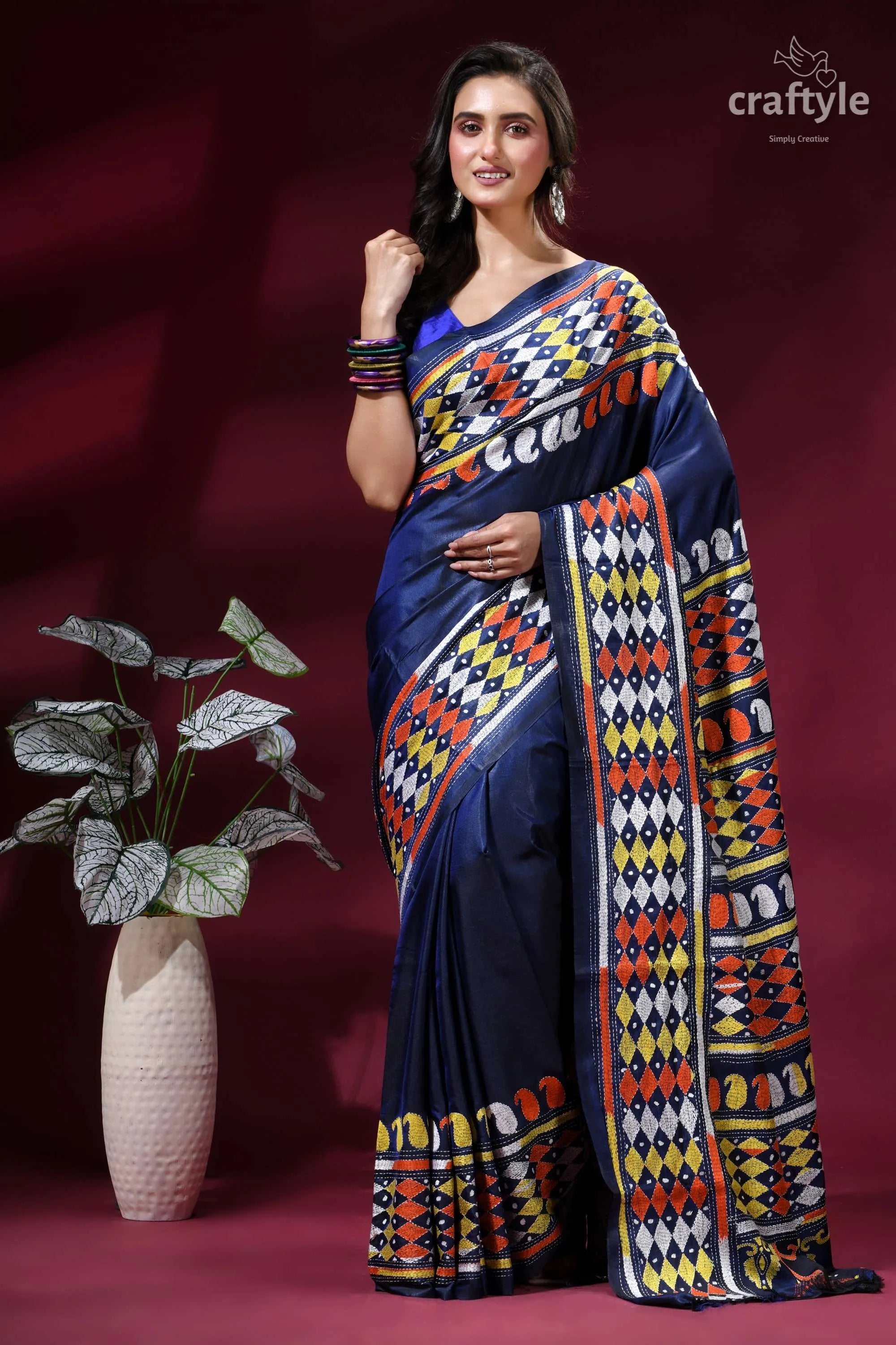 Midnight blue multi-thread hand kantha embroidery silk saree navy blue saree vibrant geometric 1