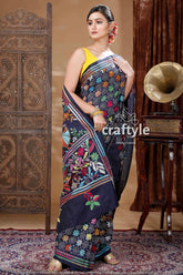 Midnight Blue Silk Kantha Work Saree-Craftyle