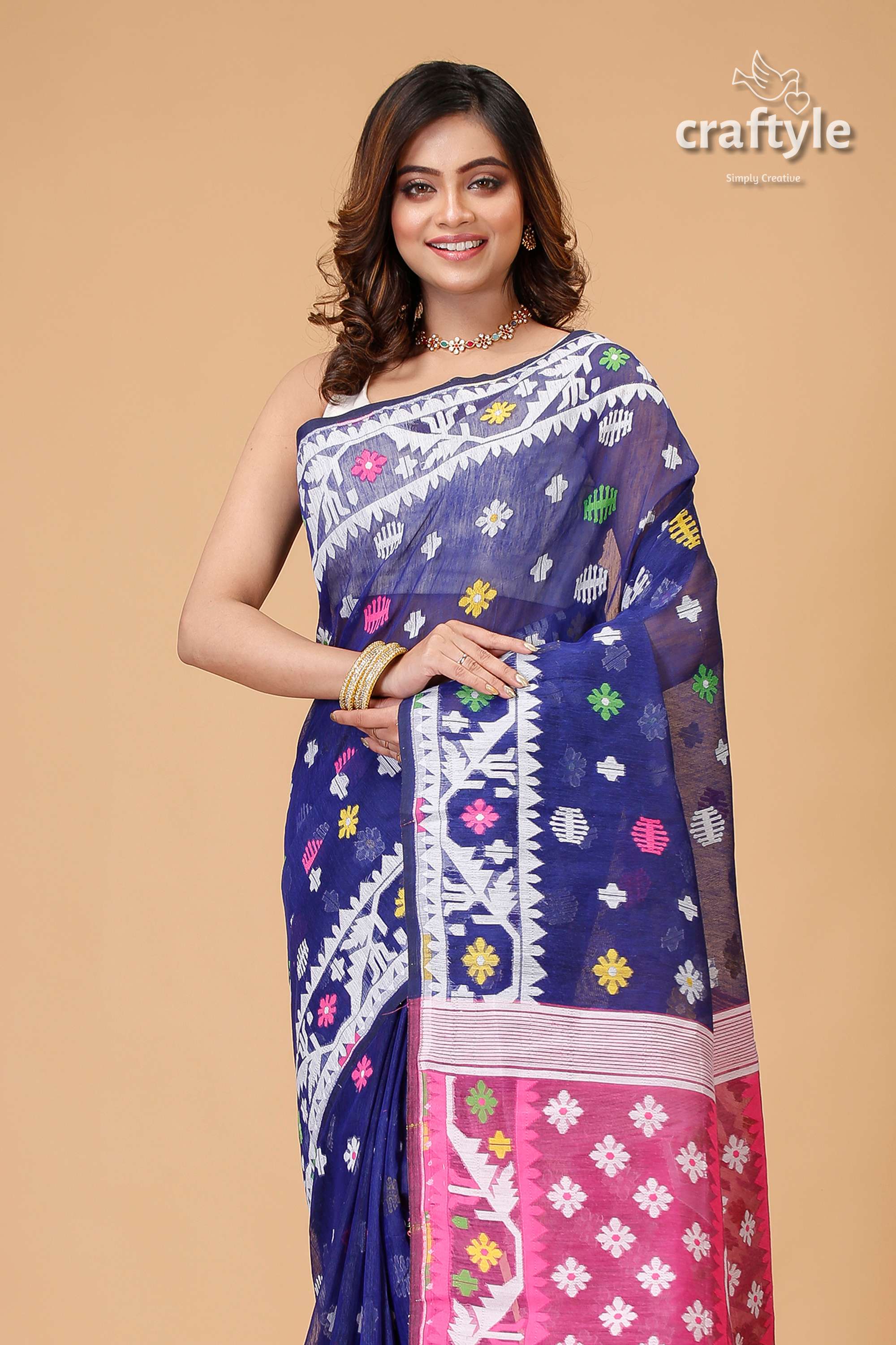 Midnight Blue Traditional Dhakai Jamdani Saree-Craftyle