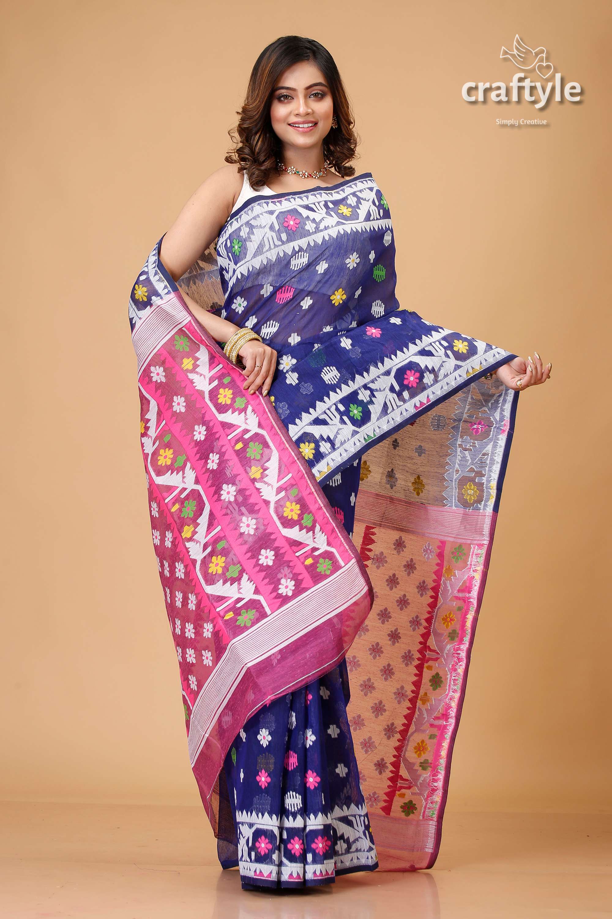 Midnight Blue Traditional Dhakai Jamdani Saree-Craftyle