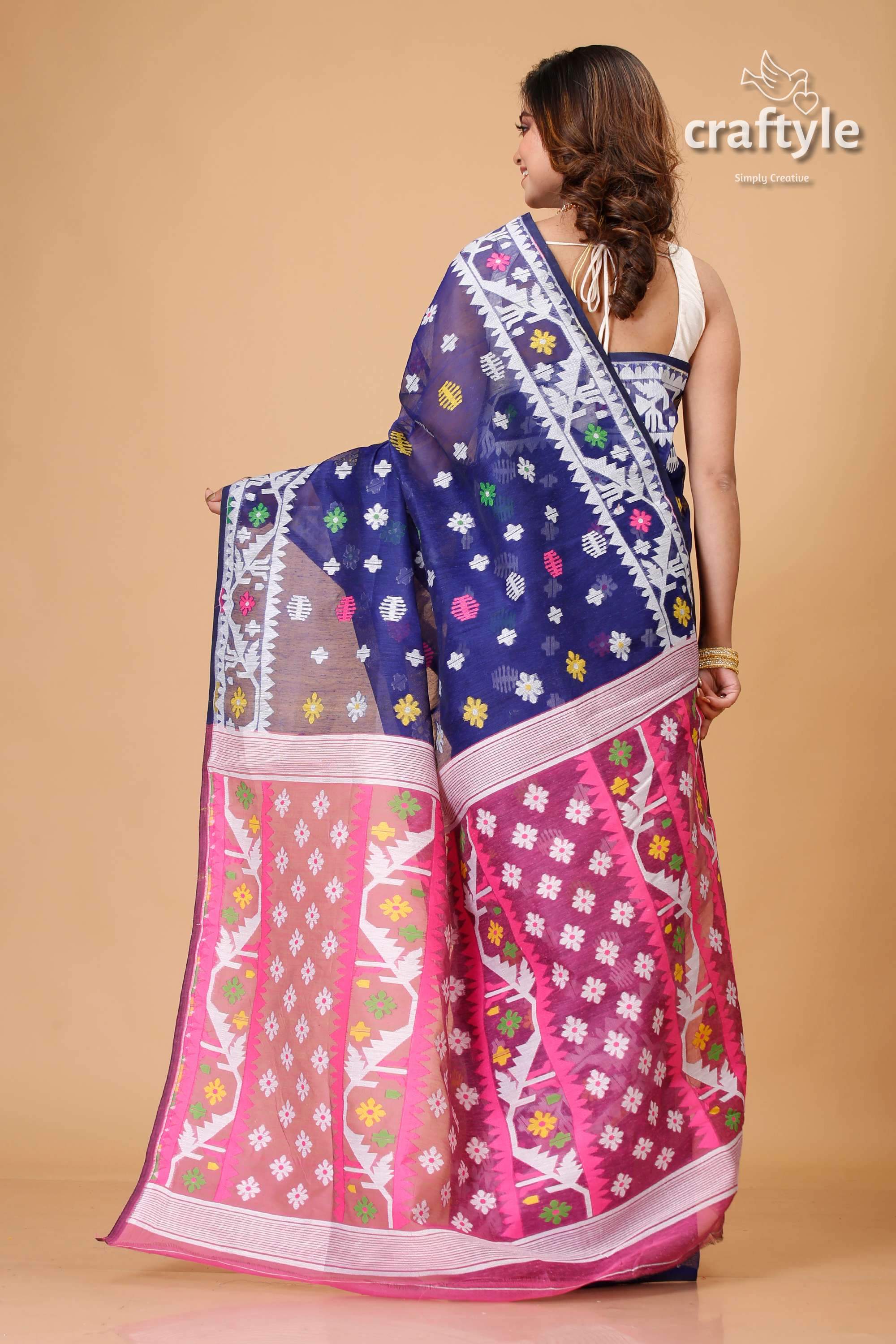 Midnight Blue Traditional Dhakai Jamdani Saree-Craftyle