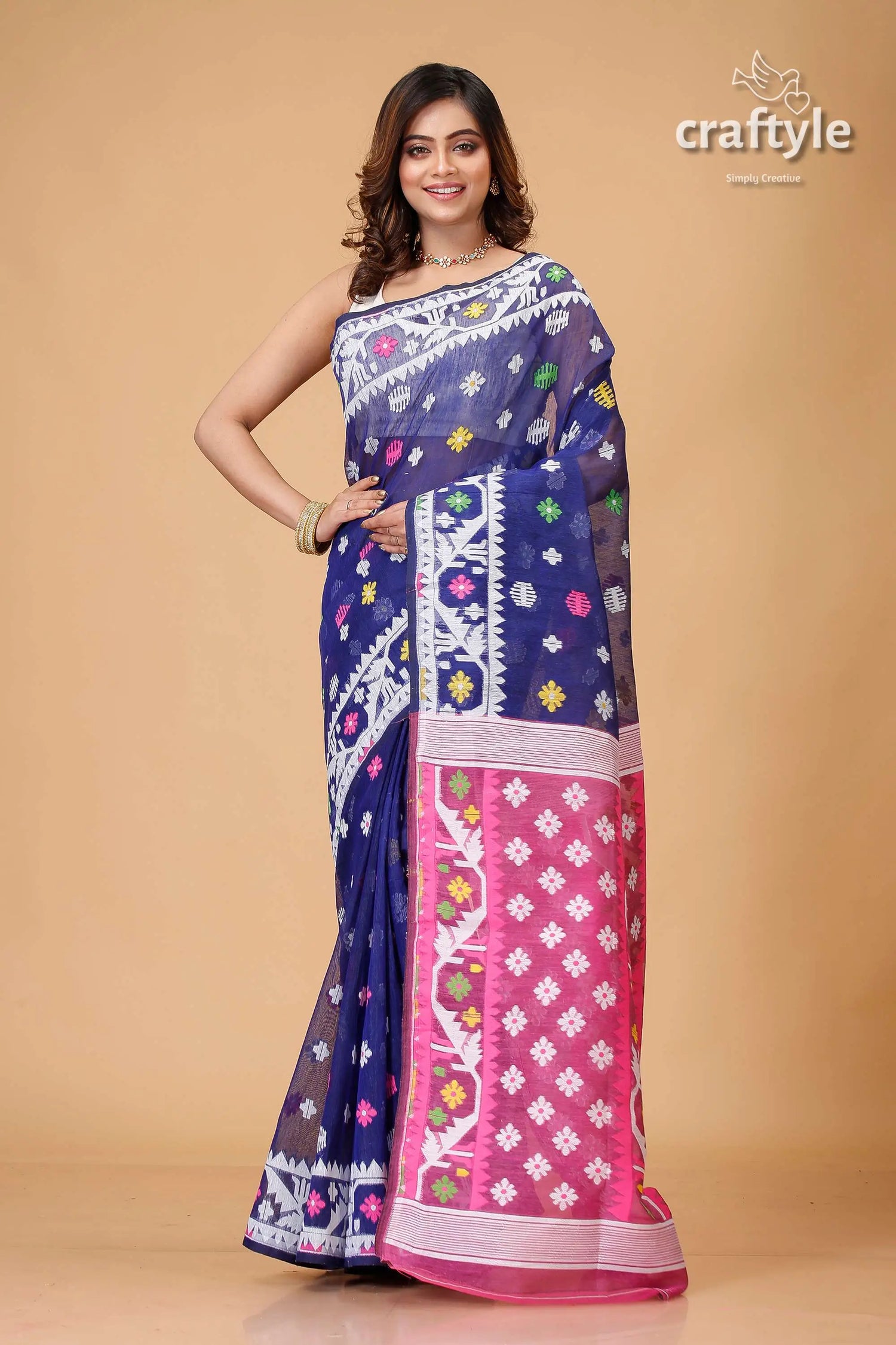 Midnight blue traditional dhakai jamdani saree blue pink patterned saree 1